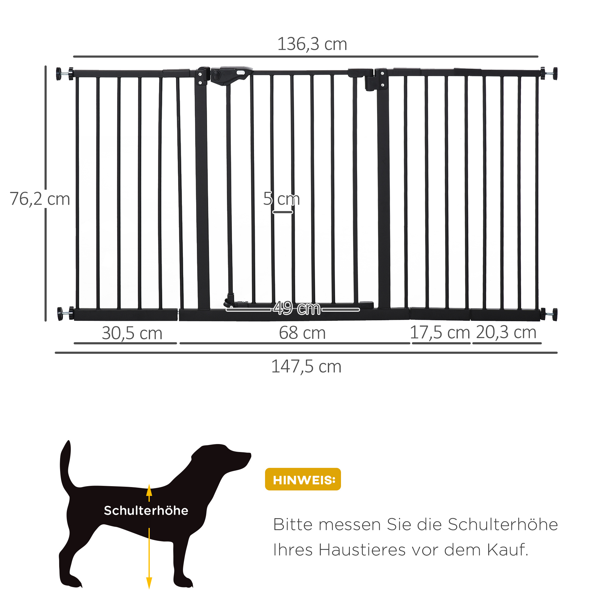 Diagramm, das die Abmessungen eines schwarzen Metall-Tiertors mit einer schwarzen Hundesilhouette zur Angabe der Schulterhöhe zeigt.
