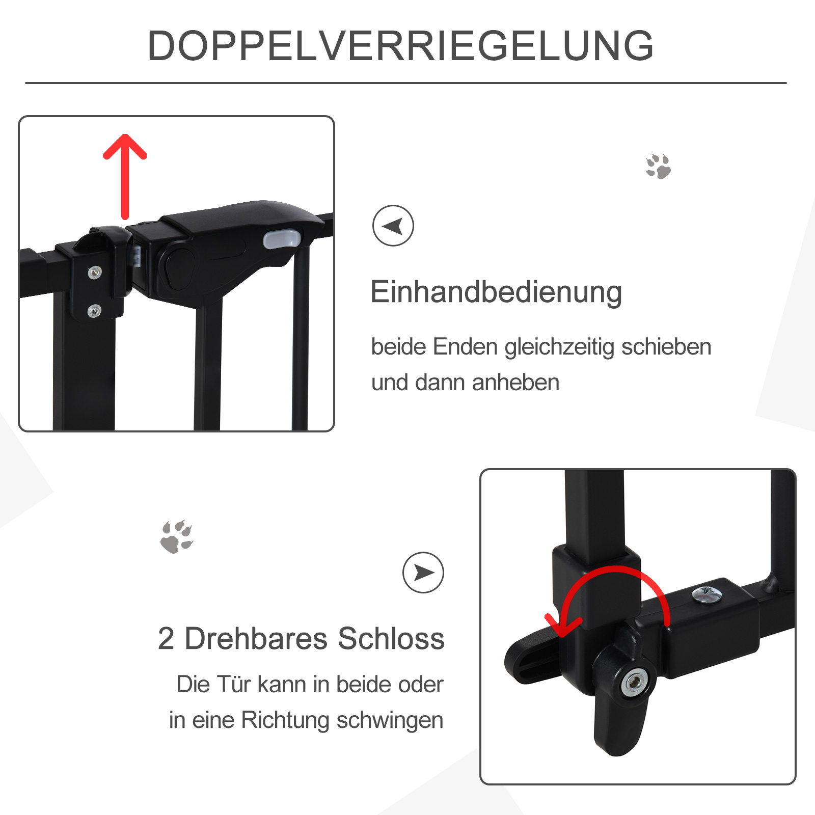 Bilder, die den doppelten Verriegelungsmechanismus eines schwarzen Metall-Tiertors zeigen, mit Pfeilen, die die Bedienung anzeigen.
