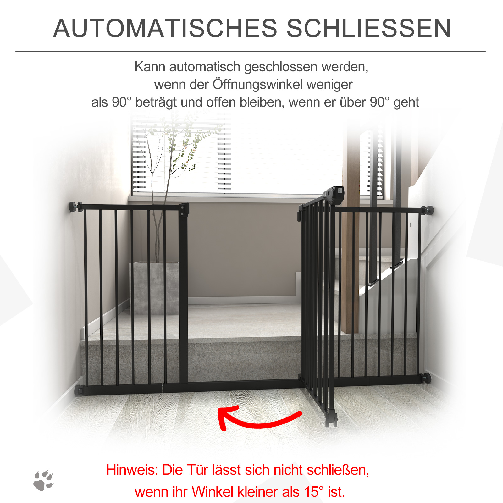 Ein schwarzes Metall-Tiertor, das in einer Türöffnung installiert ist, mit Text, der die automatische Schließfunktion erklärt.