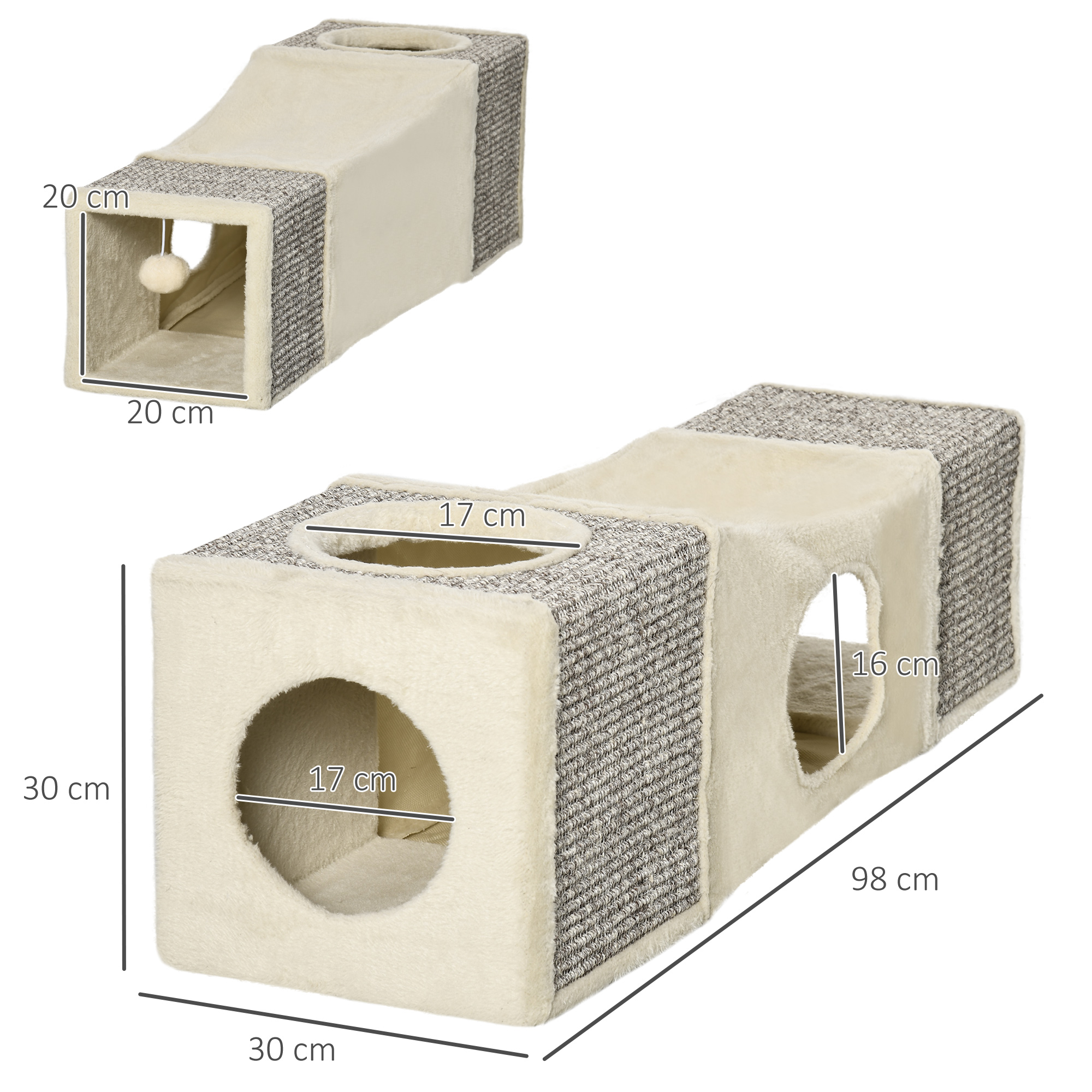 Un tunnel per gatti con misure. Ha tessuto beige e grigio e una palla.