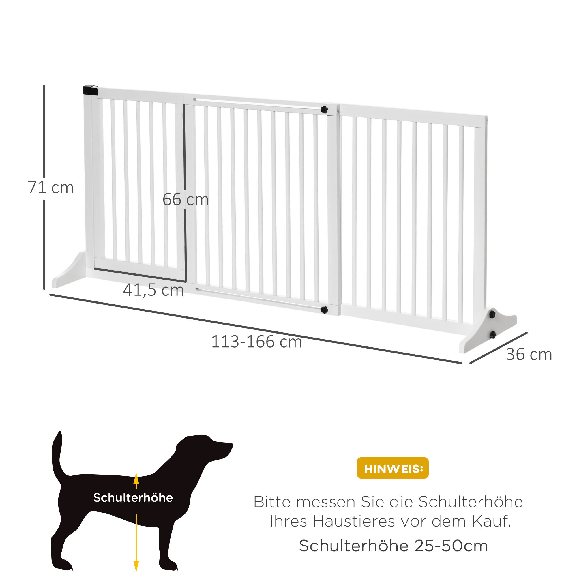 Weiße Holztiergitter mit Maßen. Enthält eine Hunde-Silhouette und Text auf Deutsch.