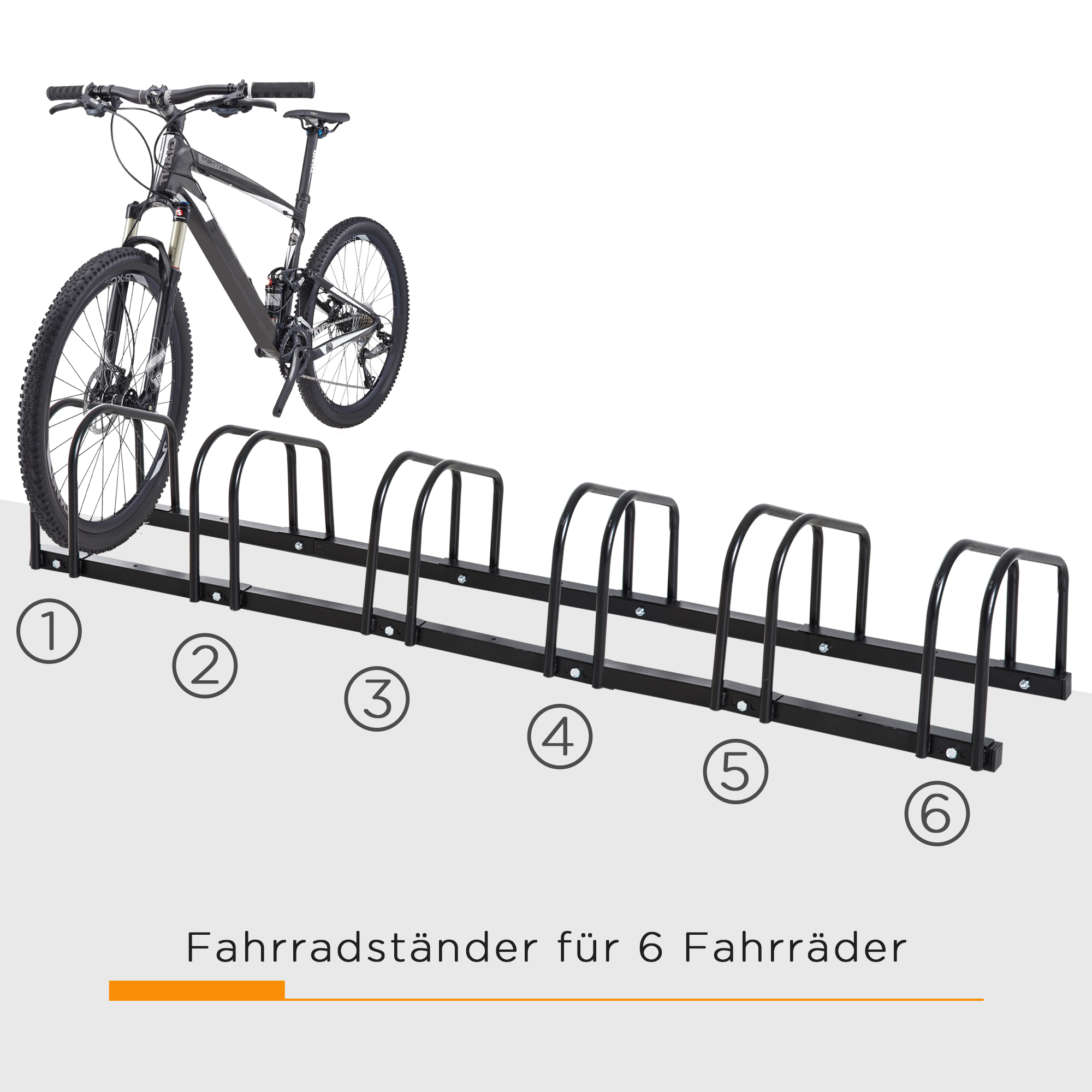 Ein schwarzer Fahrradständer aus Metall, der ein Mountainbike hält, mit nummerierten Etiketten für jeden Stellplatz auf weißem Hintergrund.