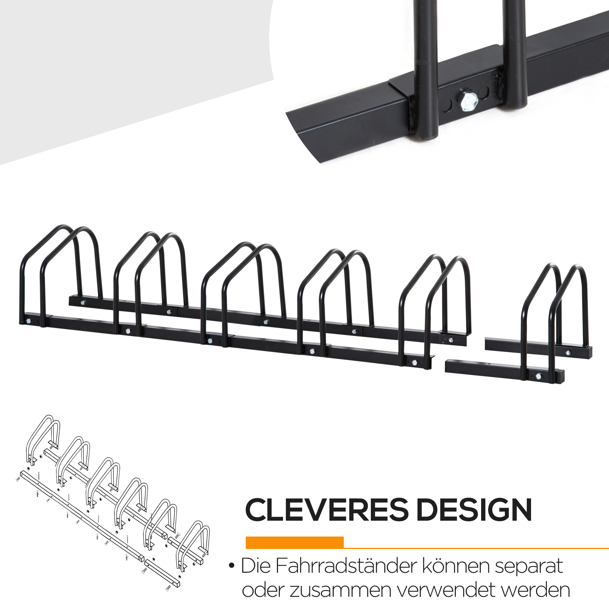 Ein schwarzer Fahrradständer aus Metall mit sechs Stellplätzen, dargestellt mit einem detaillierten Diagramm und einer Nahaufnahme der Konstruktion.