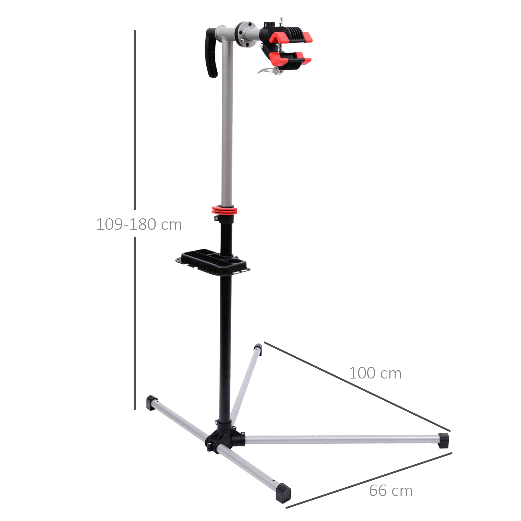 Un soporte de reparación de bicicletas con bandeja de herramientas, altura ajustable.
