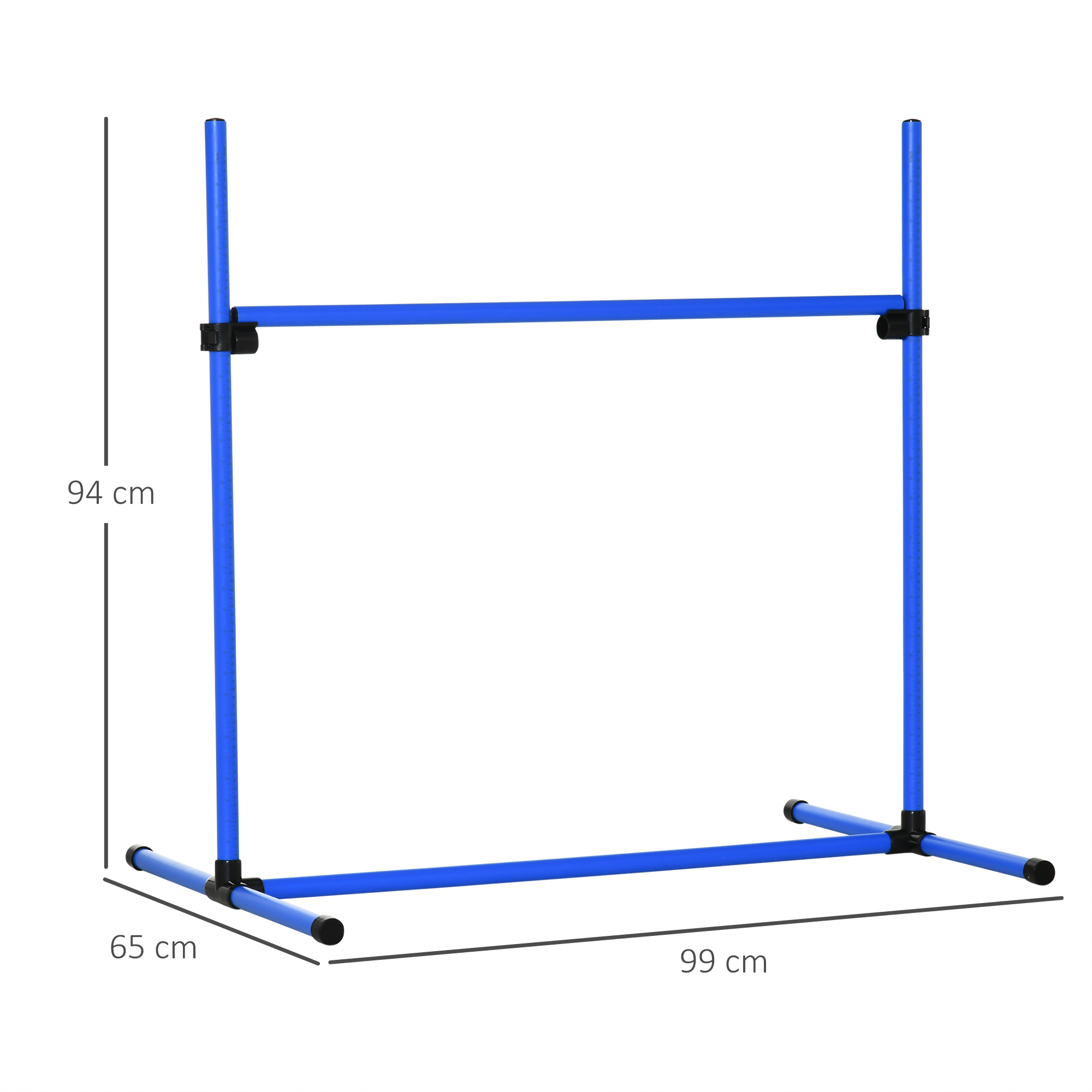 Ein blaues Agility-Trainingsgerät, ein blauer Rahmen mit Querstange, vor weißem Hintergrund.