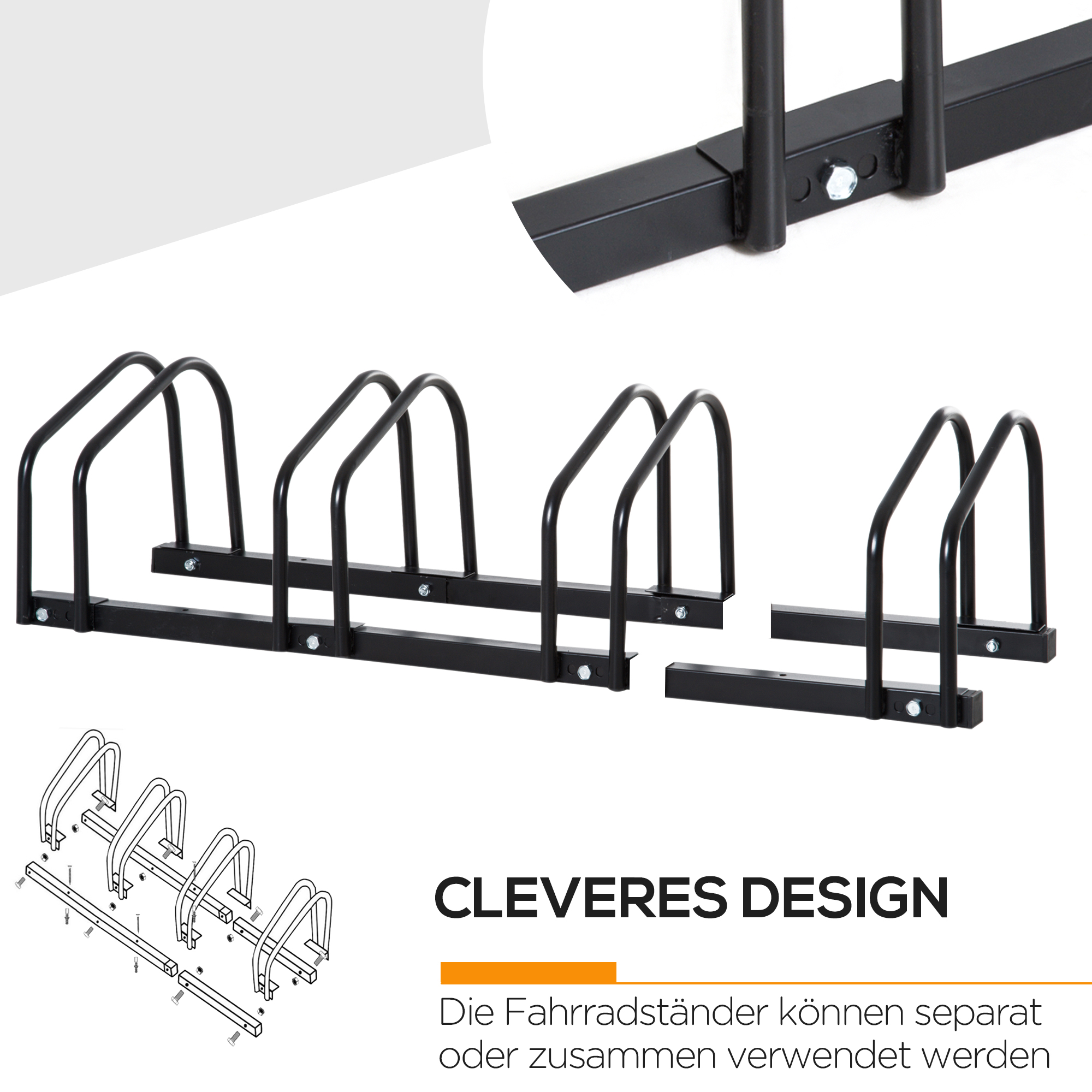 Schwarzer Fahrradständer in Nahaufnahme und Explosionsansicht, modulares Design.