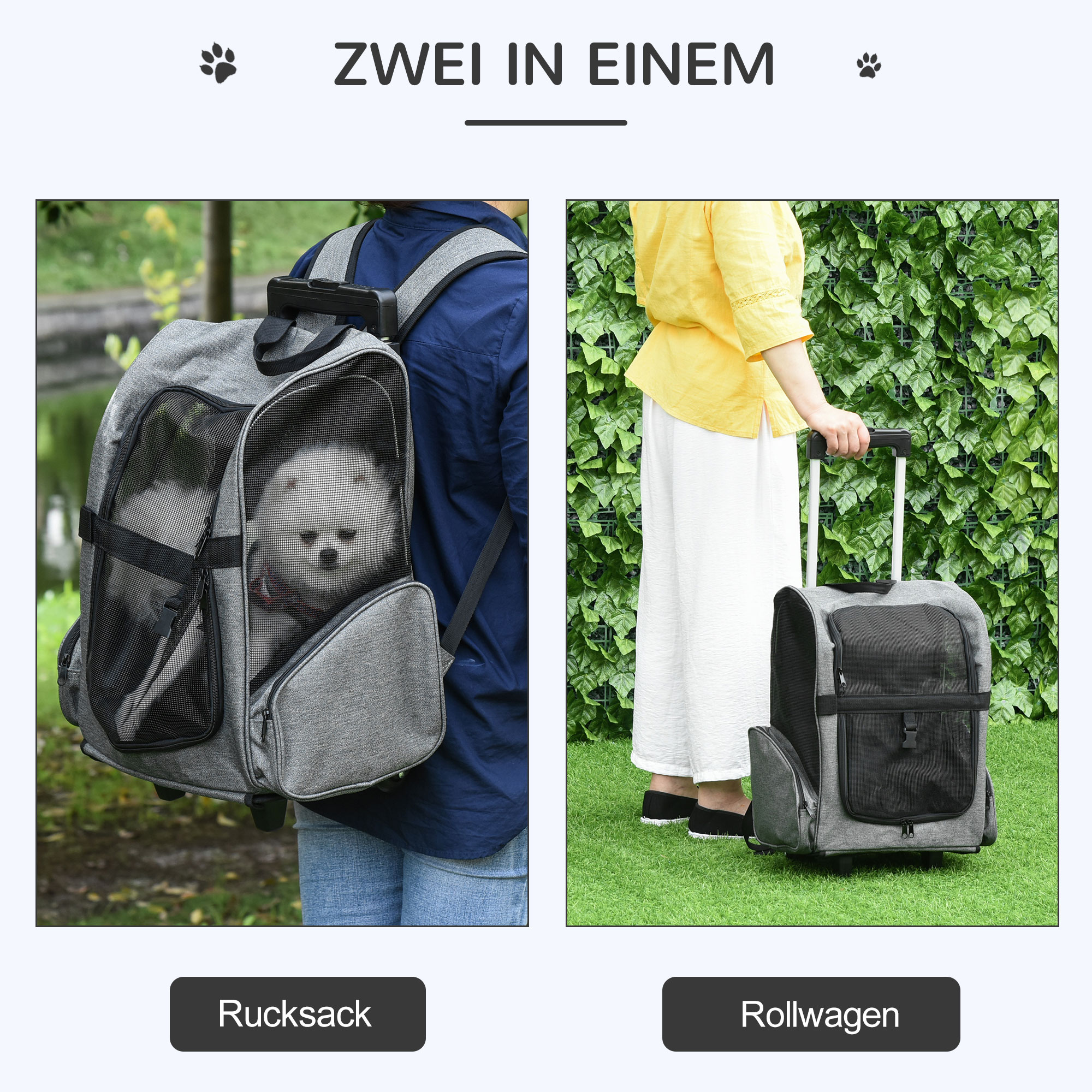 Zwei Haustierträger: einer ein Rucksack, der andere ein Rollkoffer, beide grau mit schwarzem Netz.