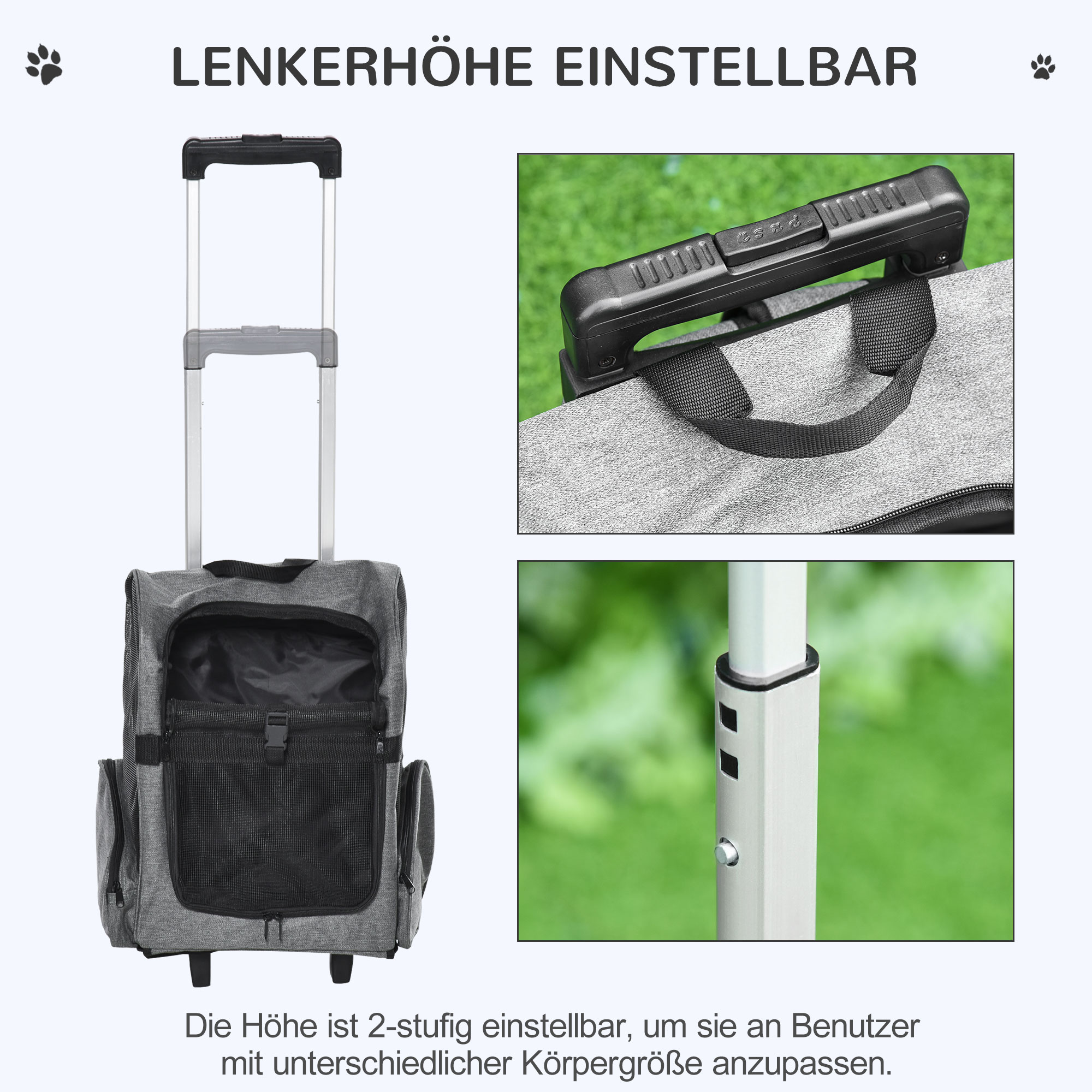 Eine graue Haustiertasche auf Rädern mit verstellbarem Griff. Nahaufnahmen des Griffs und eines Ausziehgriffs.