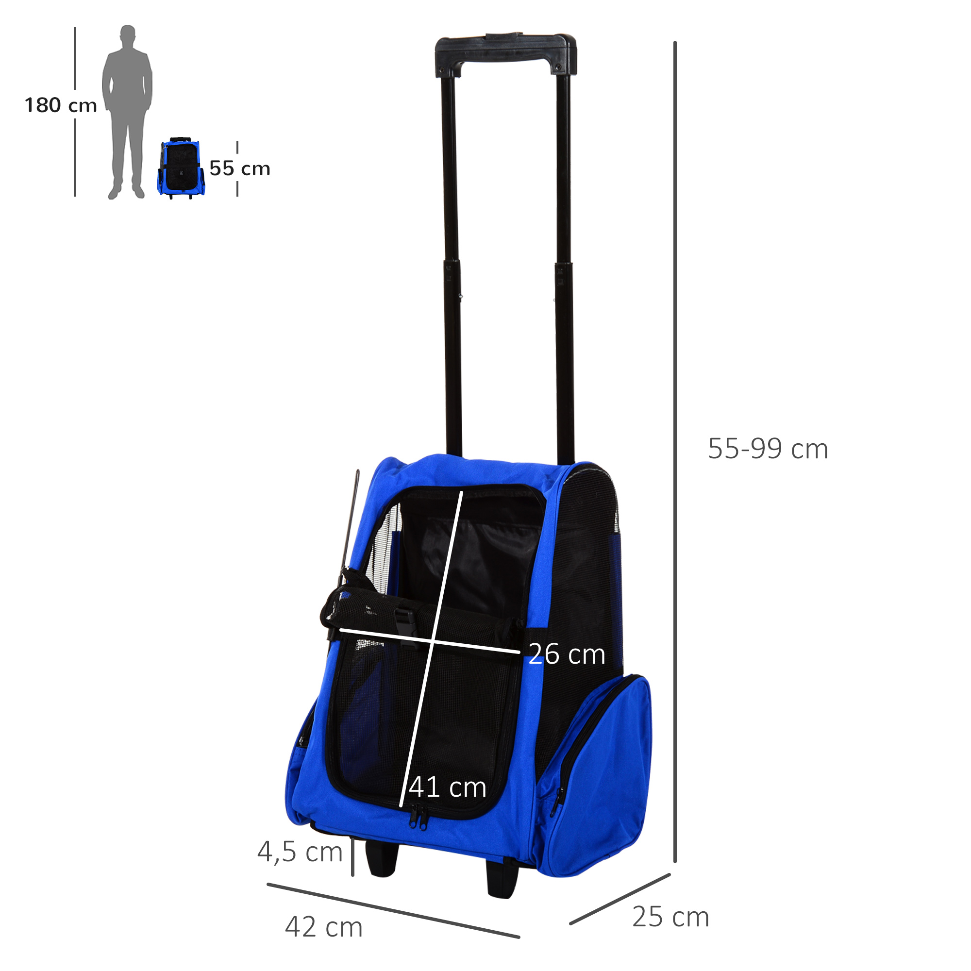 Transportín azul para mascotas con dimensiones. Tiene ruedas y asa. Una figura humana está al lado.