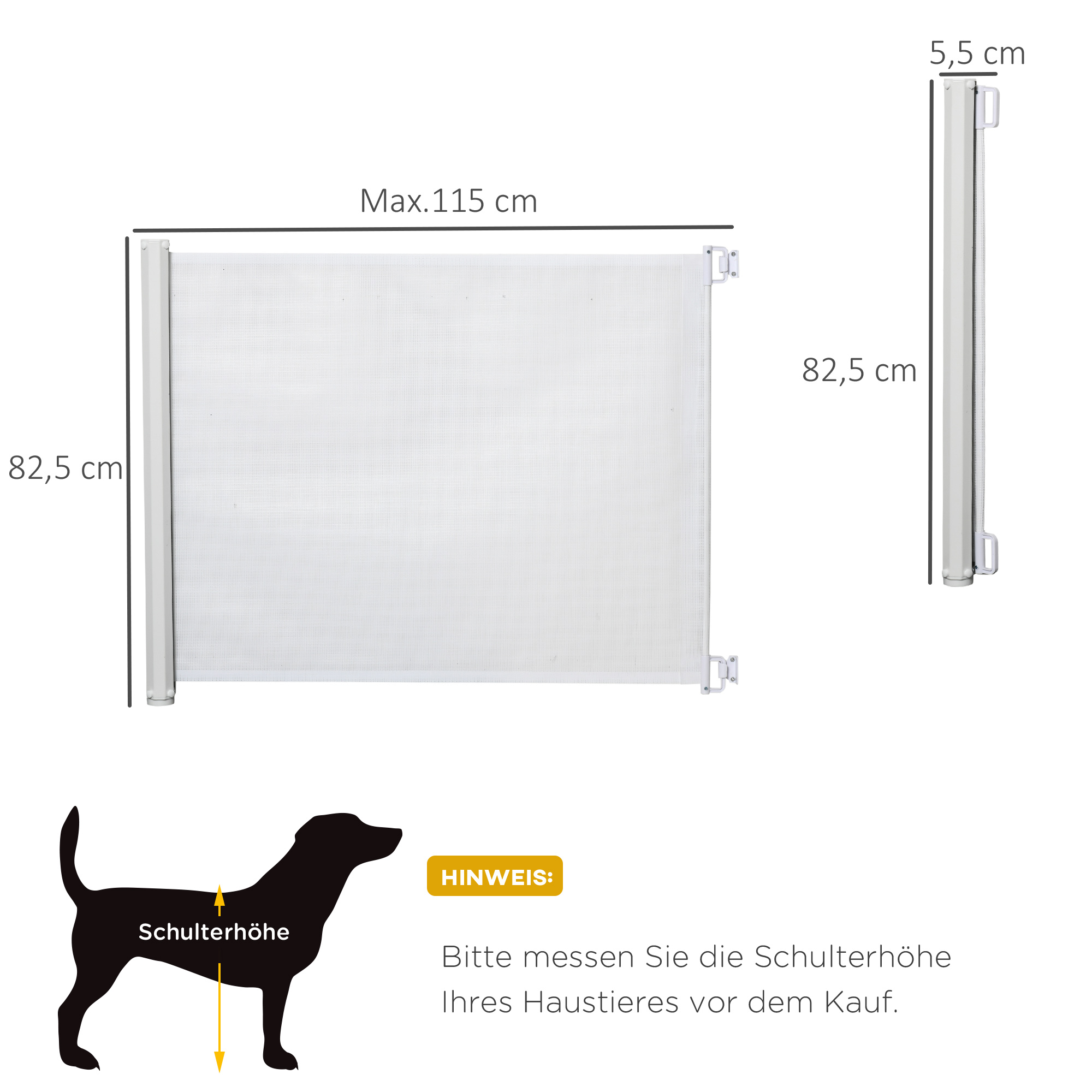 Weißes Haustiertor mit Maßen und einer Hundesilhouette. Die Schulterhöhe eines Hundes ist angegeben.