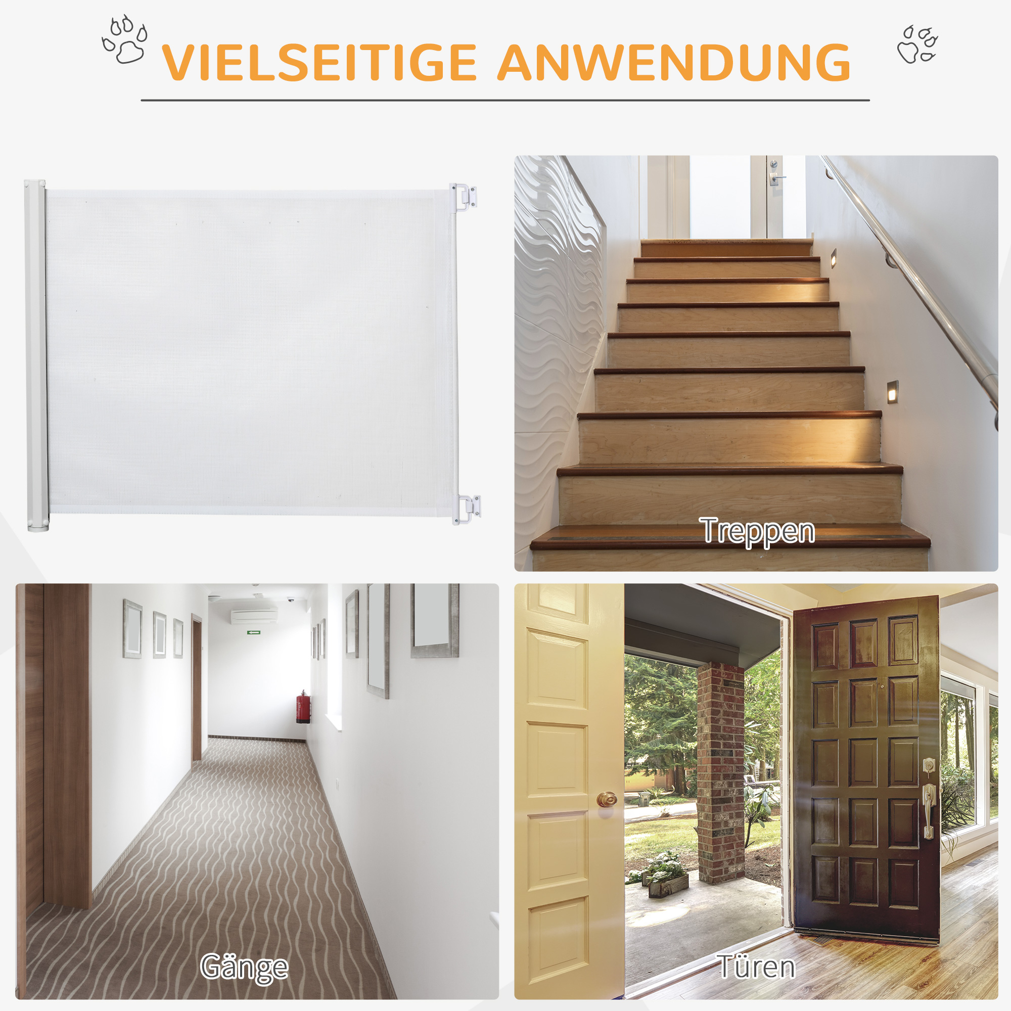 Vier Bilder: ein einziehbares Tor, eine Treppe, ein Flur und eine offene Tür.