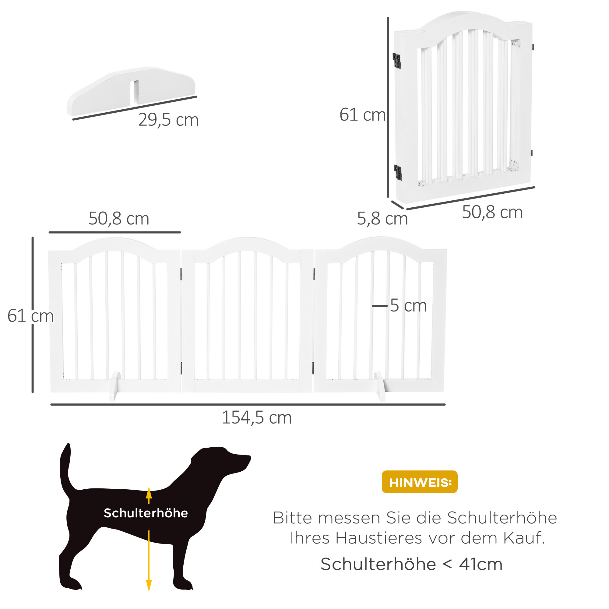 Weißes Haustiergitter mit Maßen und einer Silhouette eines Hundes. Text über die Höhe.