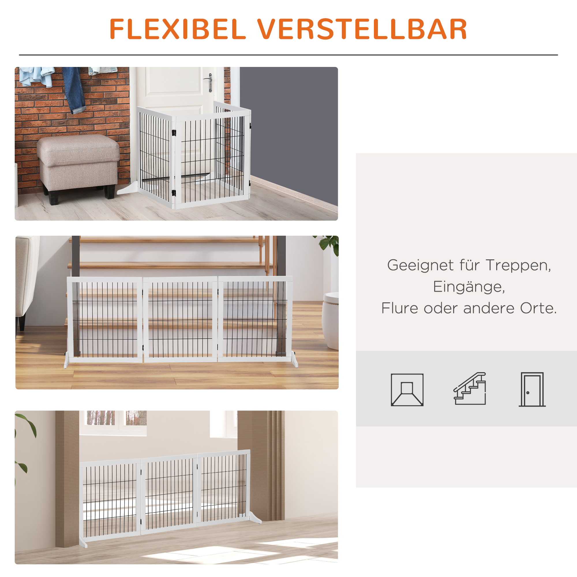 Weißes Babygitter in verschiedenen Aufbauten, mit deutschem Text. Zeigt das Gitter an Treppen und Türen.