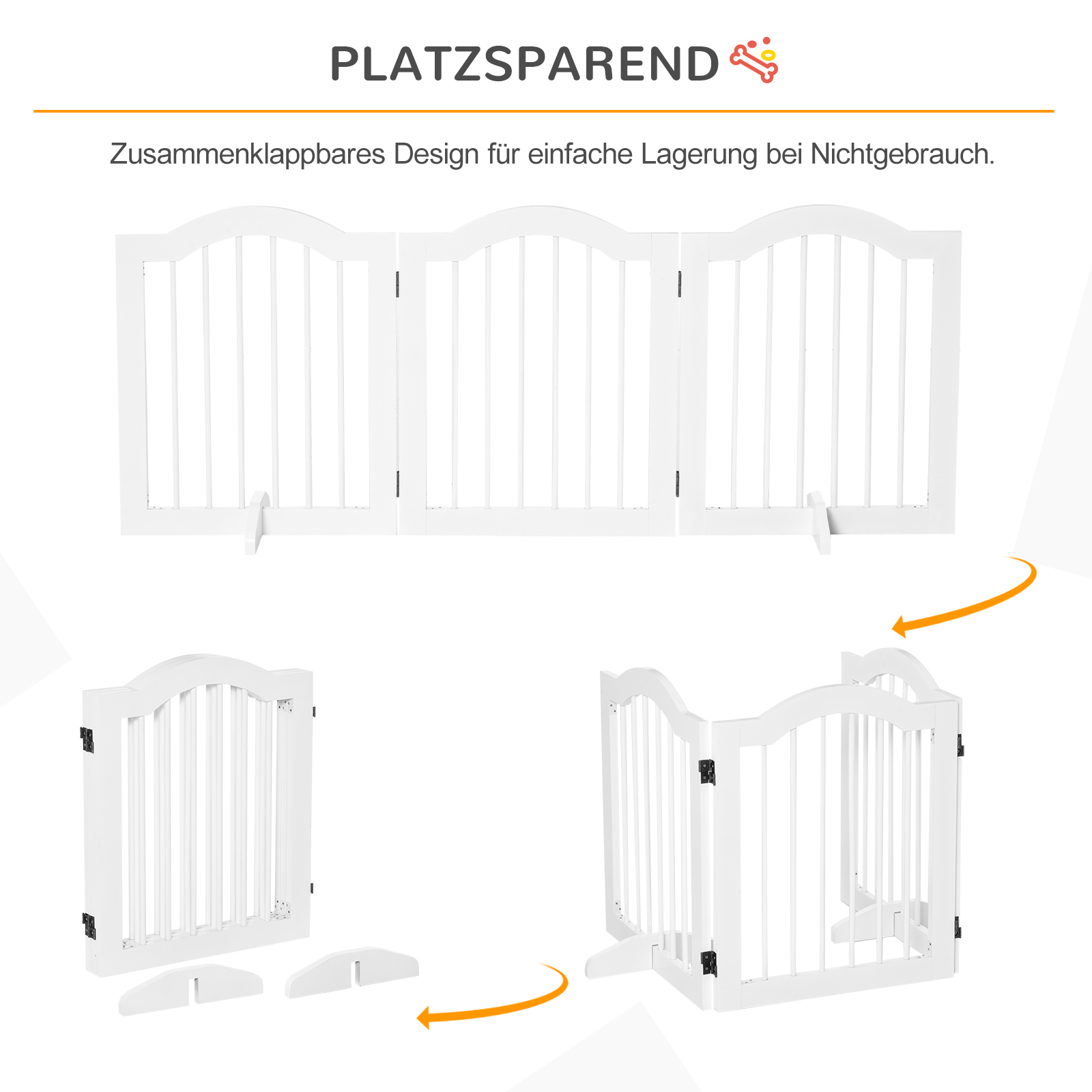 Weiße Holzkindergitter, gefaltet und ausgeklappt. Abschnitte sind verbunden. Pfeile zeigen den Faltvorgang.
