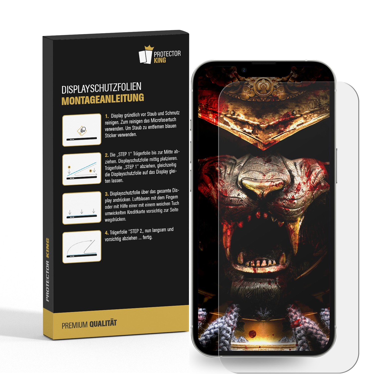 Telefon und Displayschutzfolie mit Anweisungen.