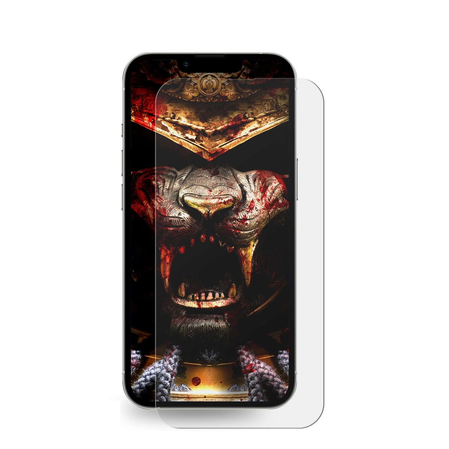 Ein Telefon mit aufgebrachter Displayschutzfolie. Der Bildschirm zeigt ein blutiges Monstergesicht.