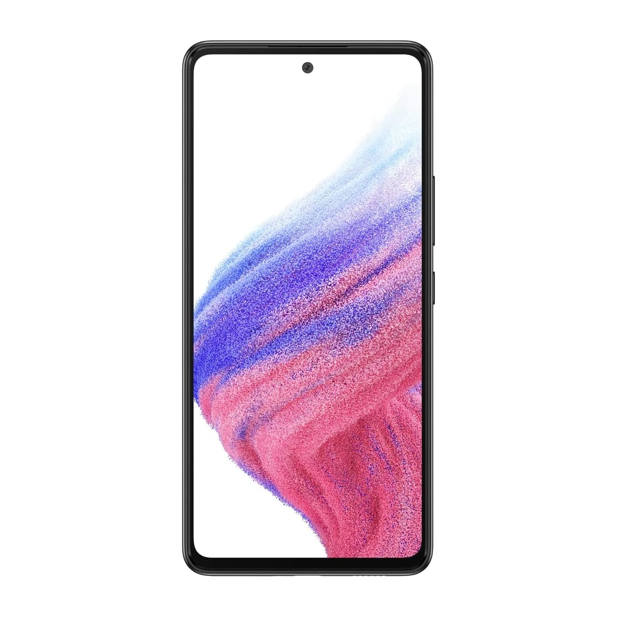 Schwarzes Smartphone mit Bildschirm, der rosa und blaue abstrakte Formen vor weißem Hintergrund zeigt.