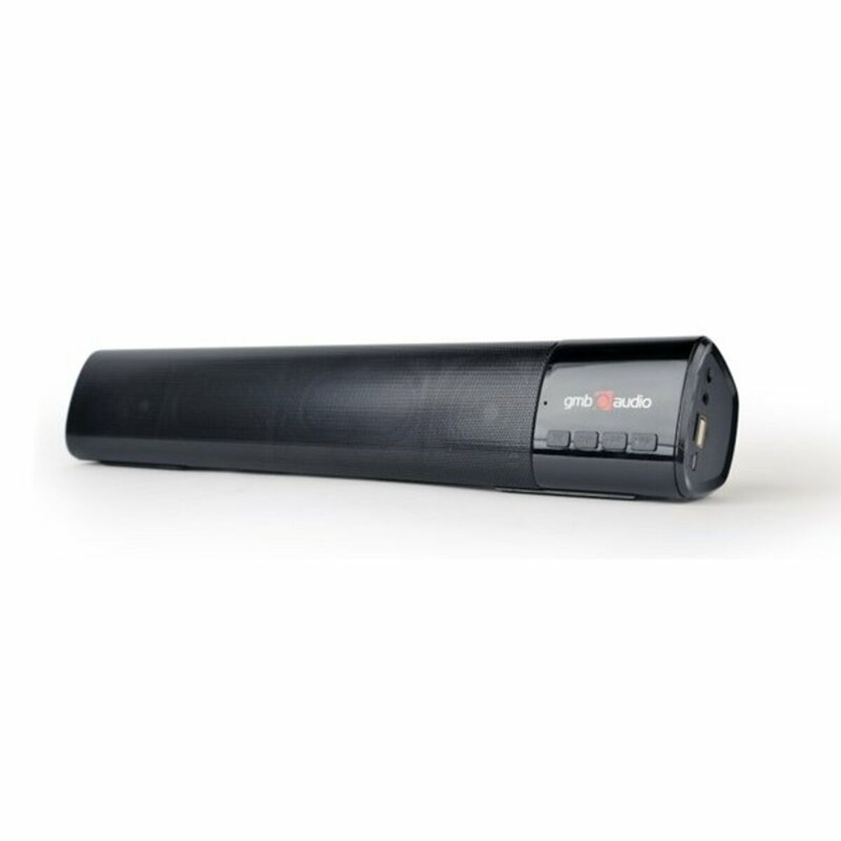 Schwarze GMB Audio Soundbar auf weißem Hintergrund.
