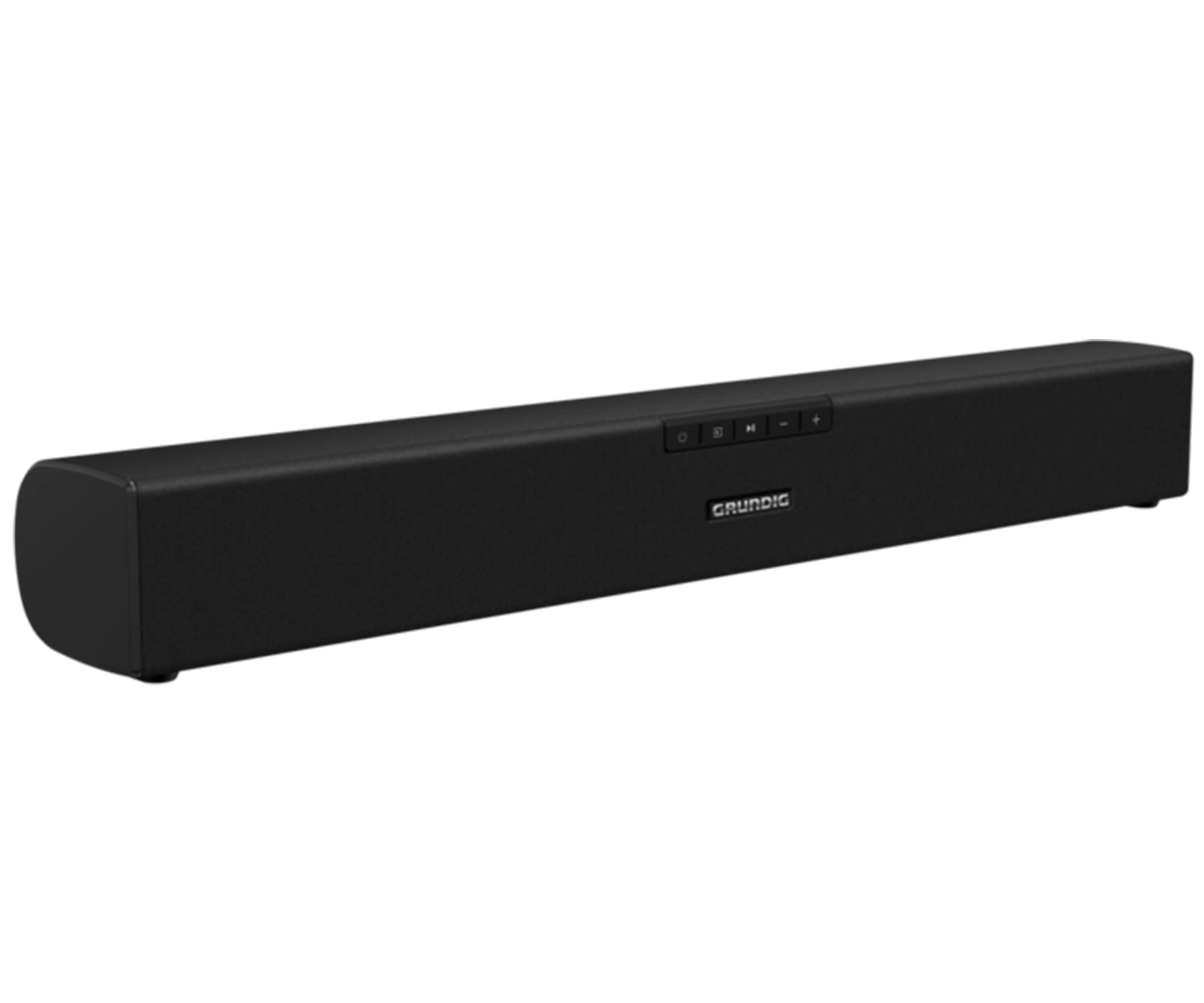 Czarny soundbar na białym tle. Widoczne logo Grundig.
