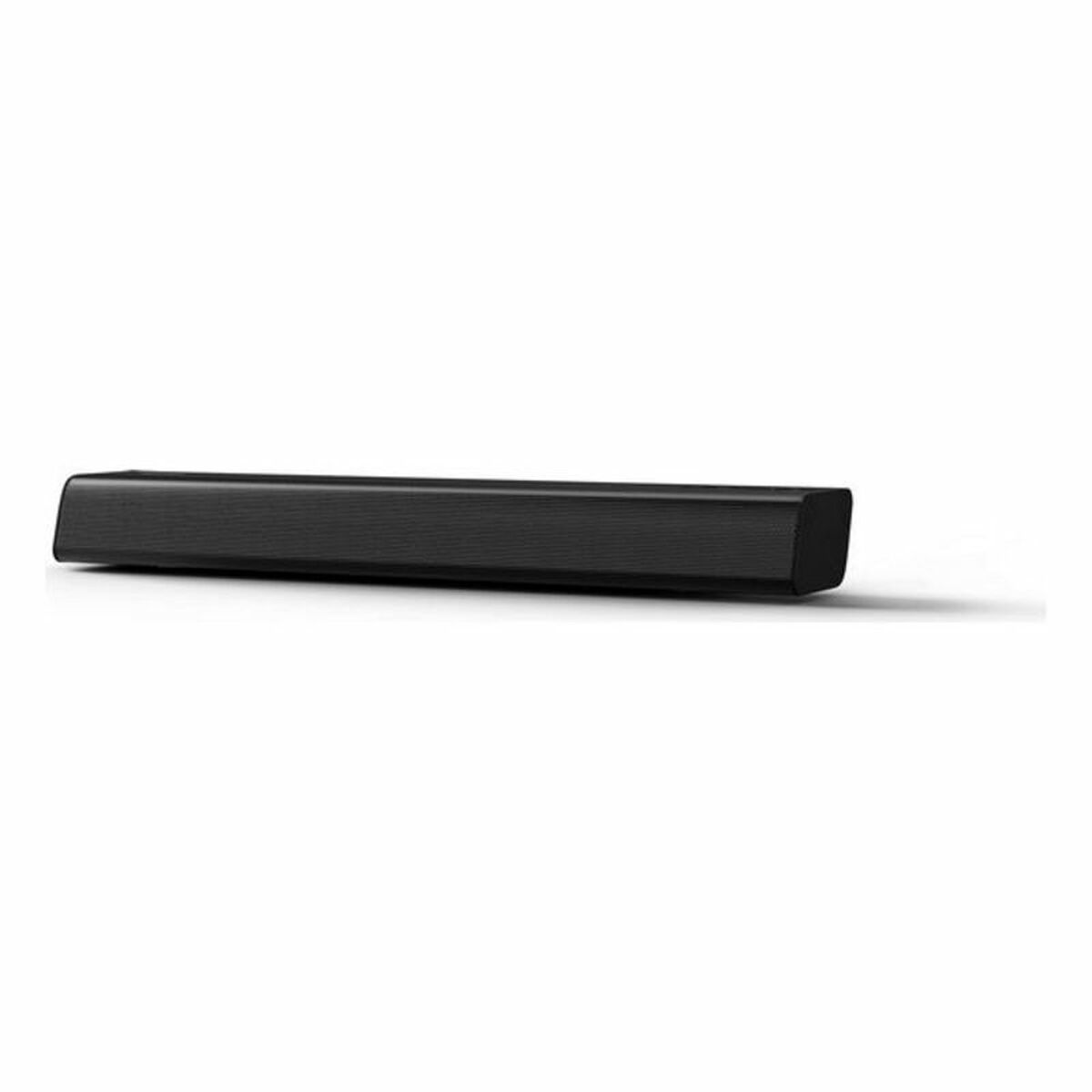 Una soundbar nera su sfondo bianco. Ha una forma piatta e rettangolare.