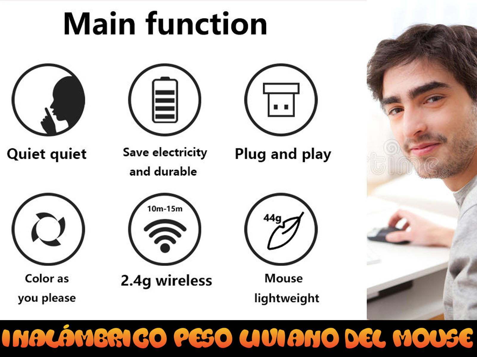 Gráficos que muestran las funciones del ratón: silencioso, ahorro de energía, plug-and-play.