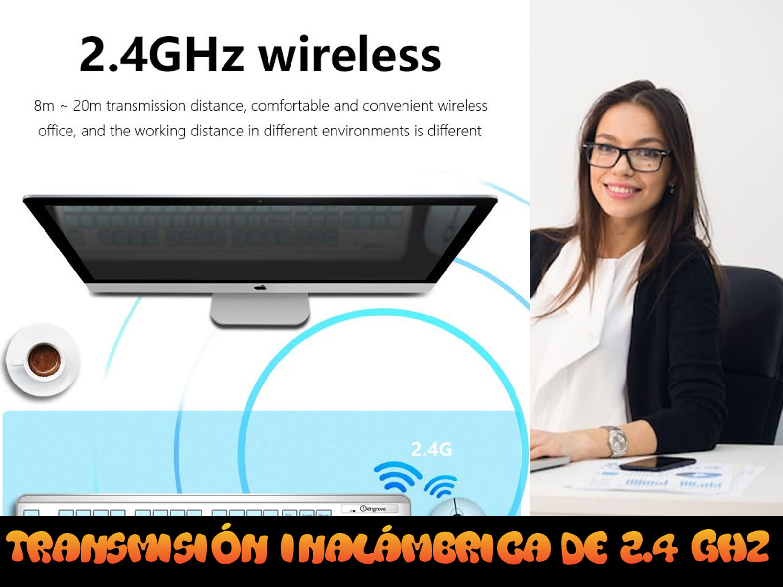 Mujer con gafas, pantalla de ordenador, configuración de ratón inalámbrico. Texto en pantalla.