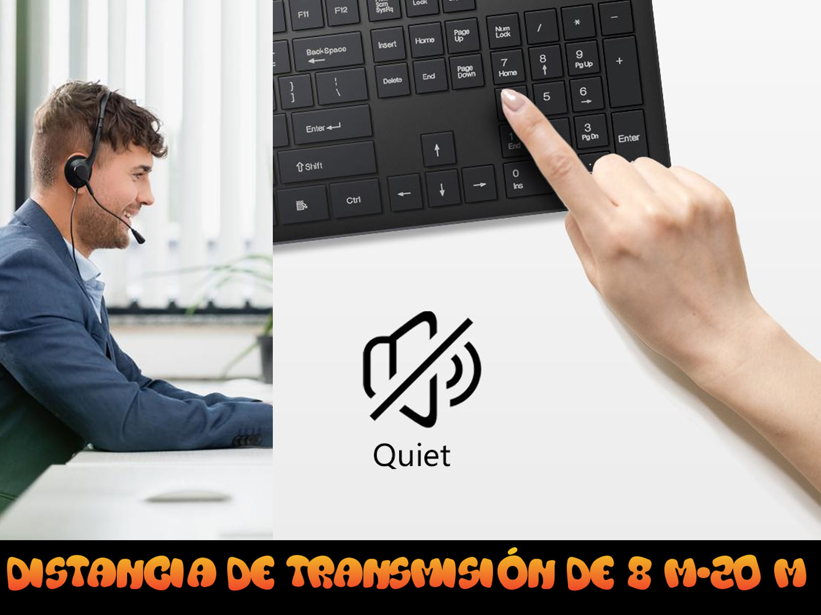 Hombre con auriculares a la izquierda, teclado a la derecha, icono de silencio.