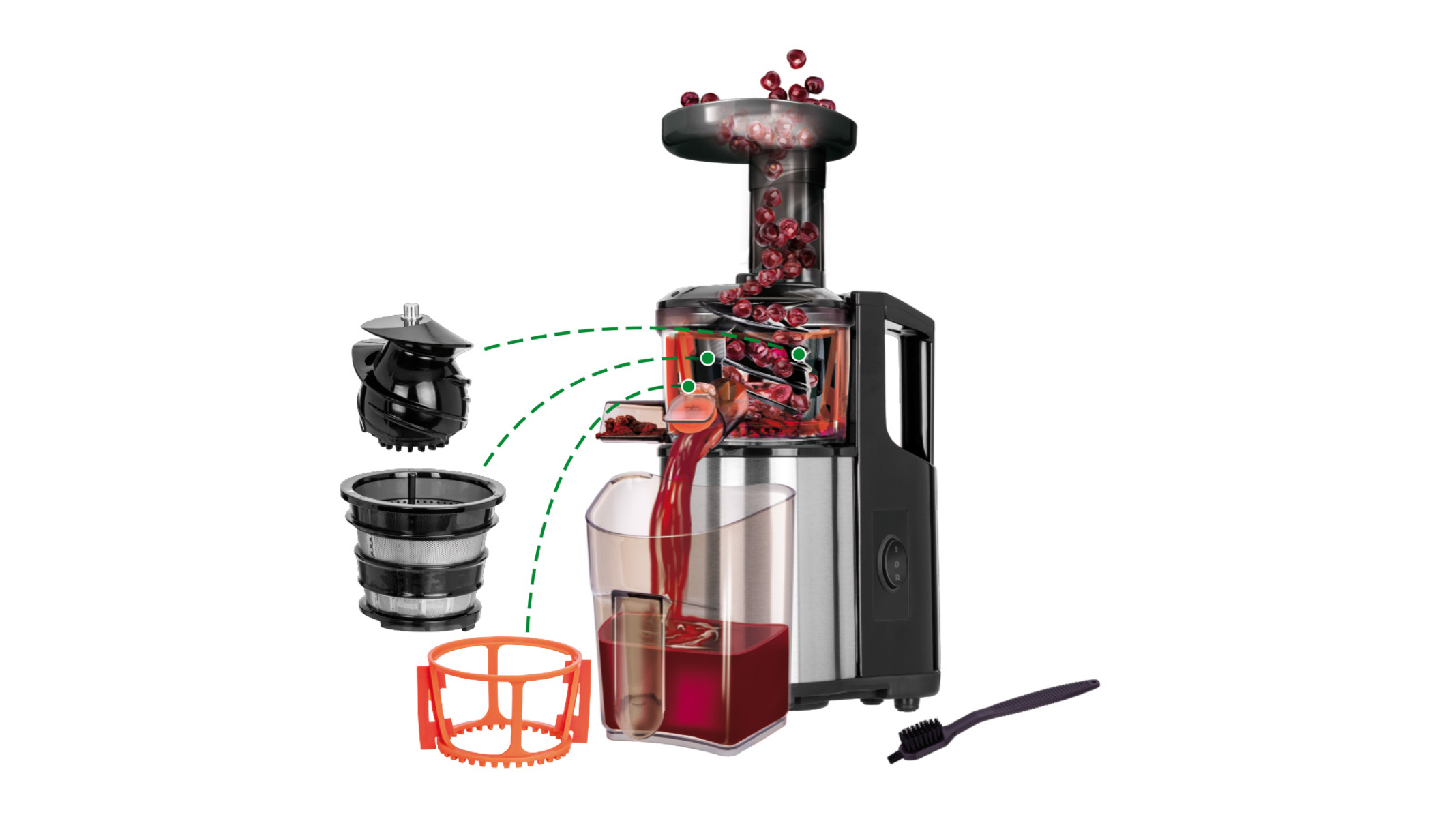 Exprimidor con piezas. El jugo rojo fluye a un vaso. Las cerezas están arriba. Las piezas están a la izquierda.