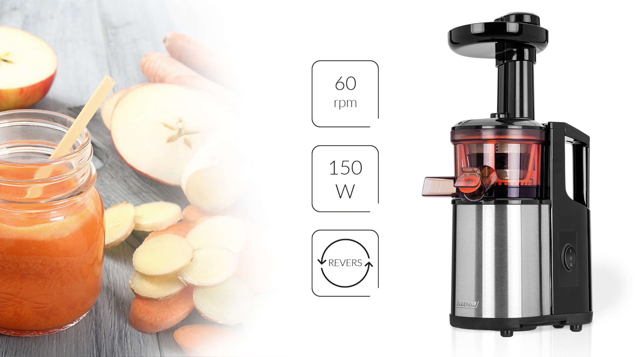 Exprimidor con jugo en tarro, rodajas de manzana, zanahorias y jengibre a la izquierda. Iconos muestran velocidad y potencia.