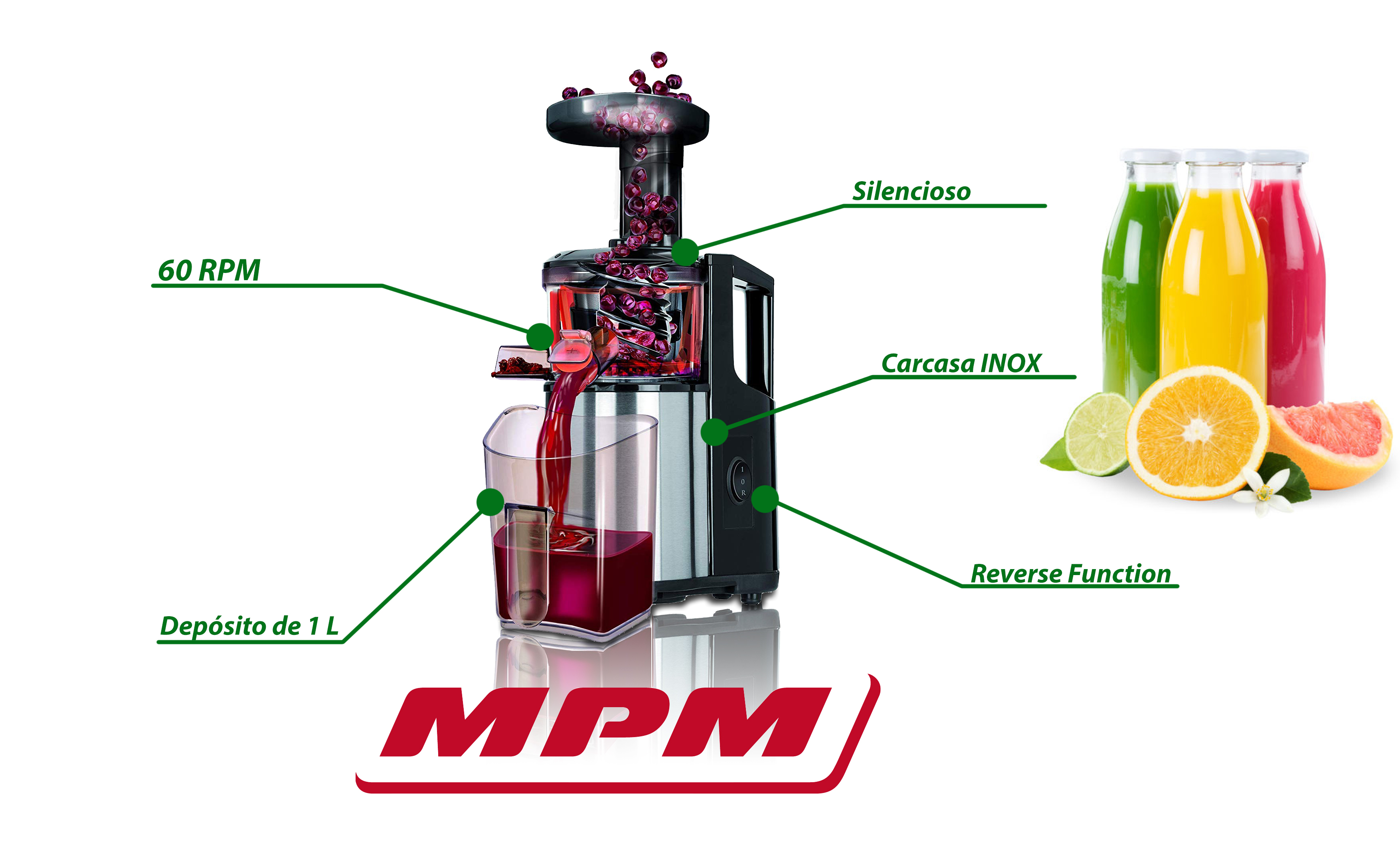 Exprimidor con componentes etiquetados. Contiene zumo y muestras de botellas. Logotipo MPM abajo.