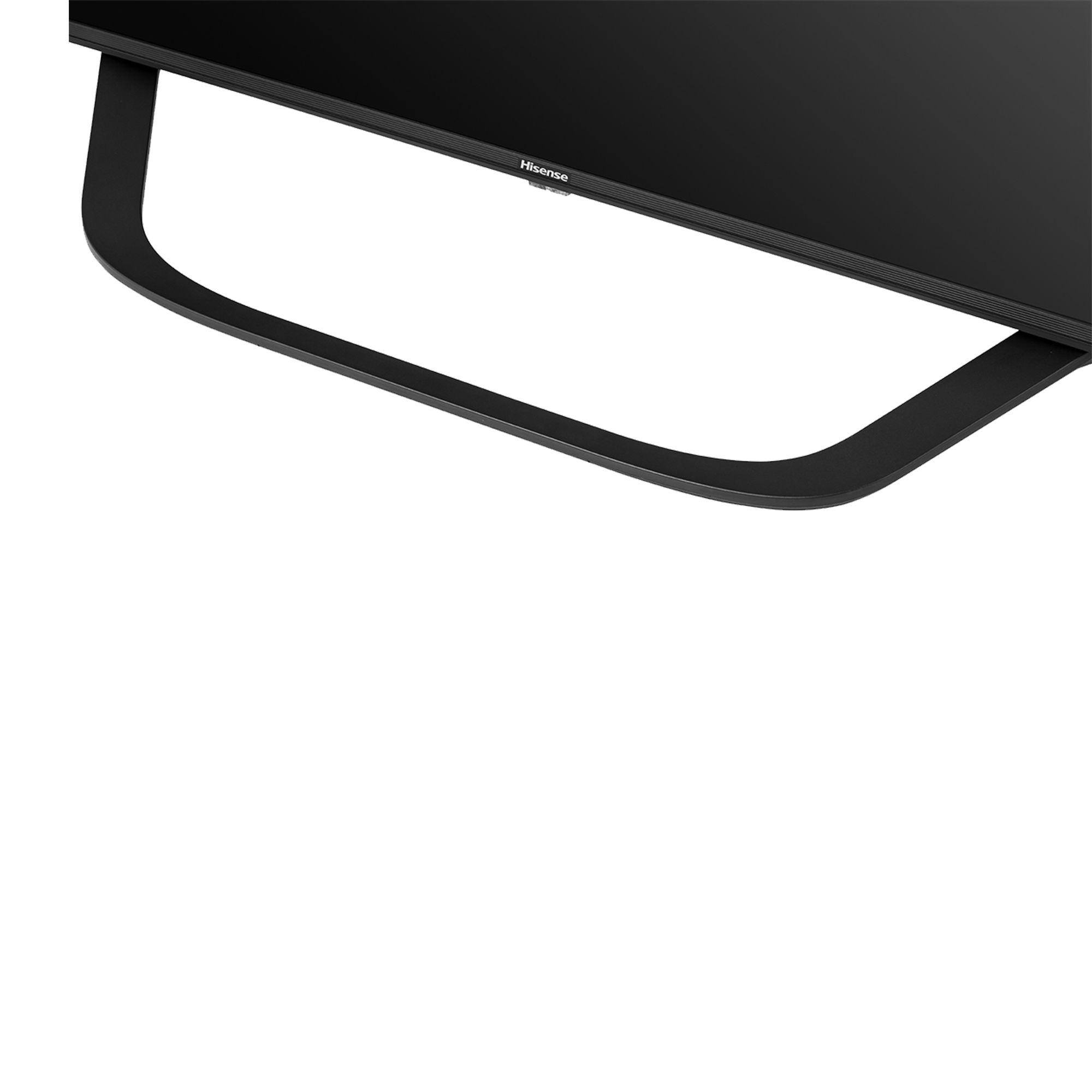 Czarny stojak pod telewizor z logo Hisense na białym tle.