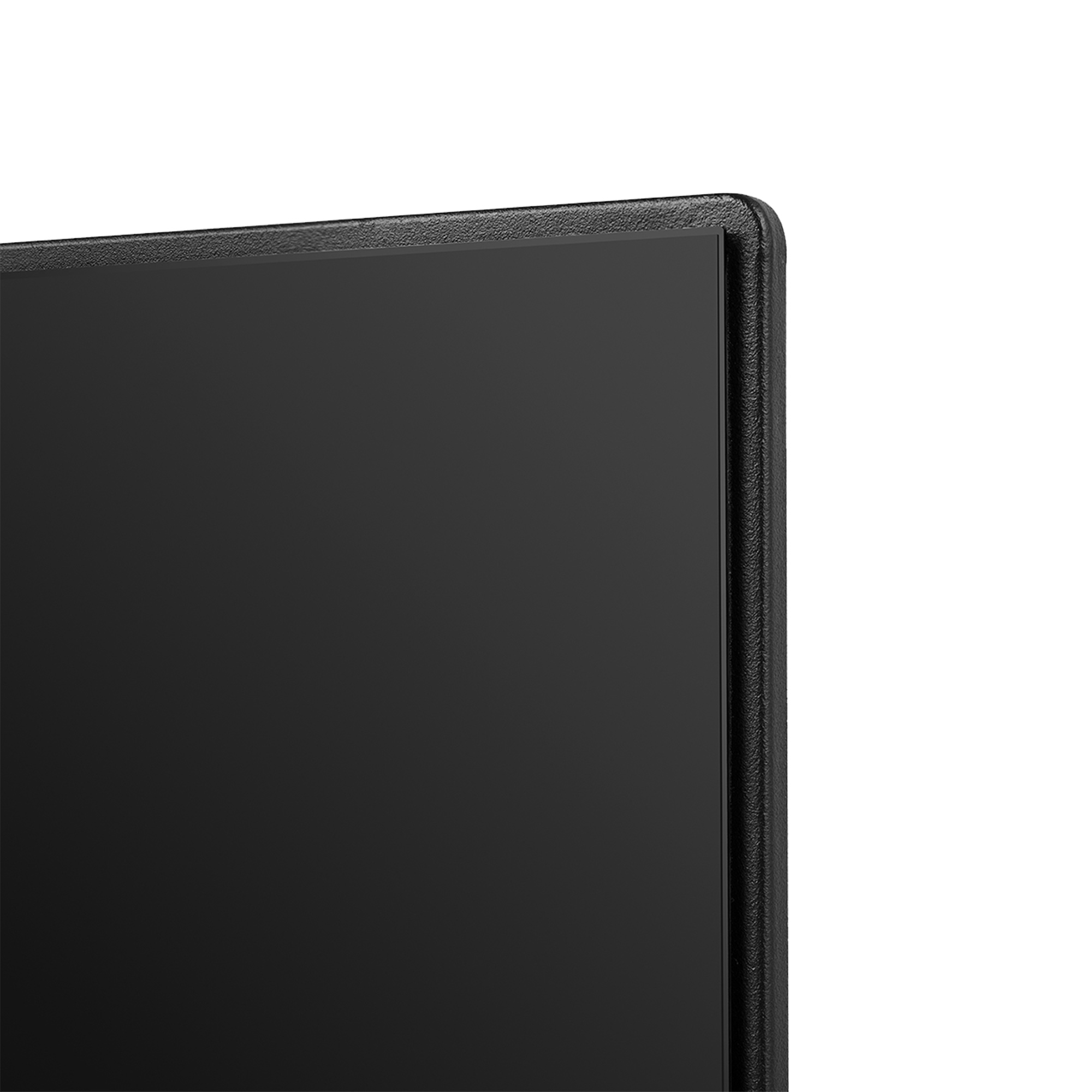 Zbliżenie czarnego ekranu telewizora z teksturowaną czarną ramką.