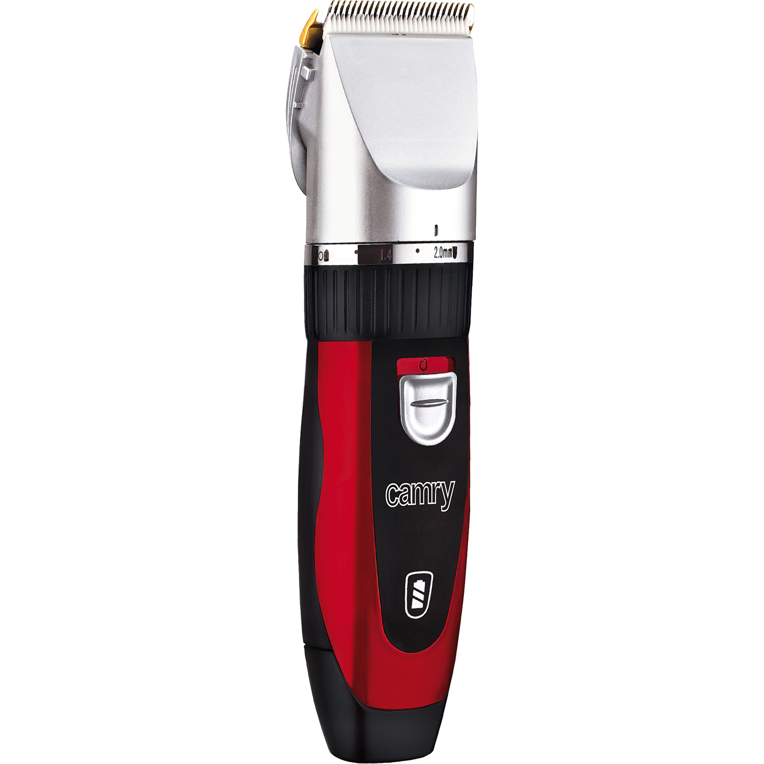 Ein rot-schwarzer elektrischer Haarschneider mit silberner Klinge. Der Markenname 'camry' ist sichtbar.