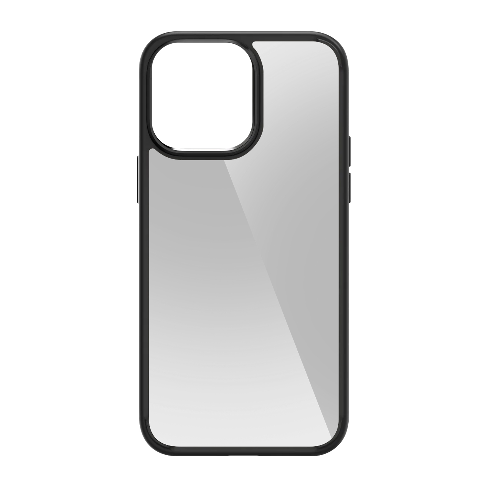 Eine transparente Handyhülle mit schwarzem Rand, die die Rückseite des Telefons zeigt, isoliert auf Weiß.