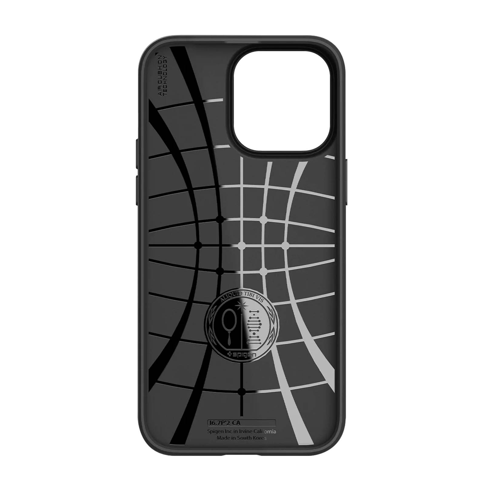 Custodia nera per telefono con motivo a griglia bianca e logo Spigen al centro.