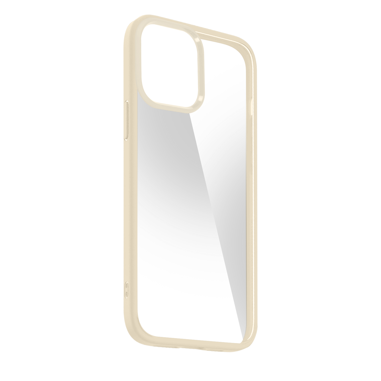 Custodia beige per telefono, retro trasparente, vista laterale. Sfondo bianco.