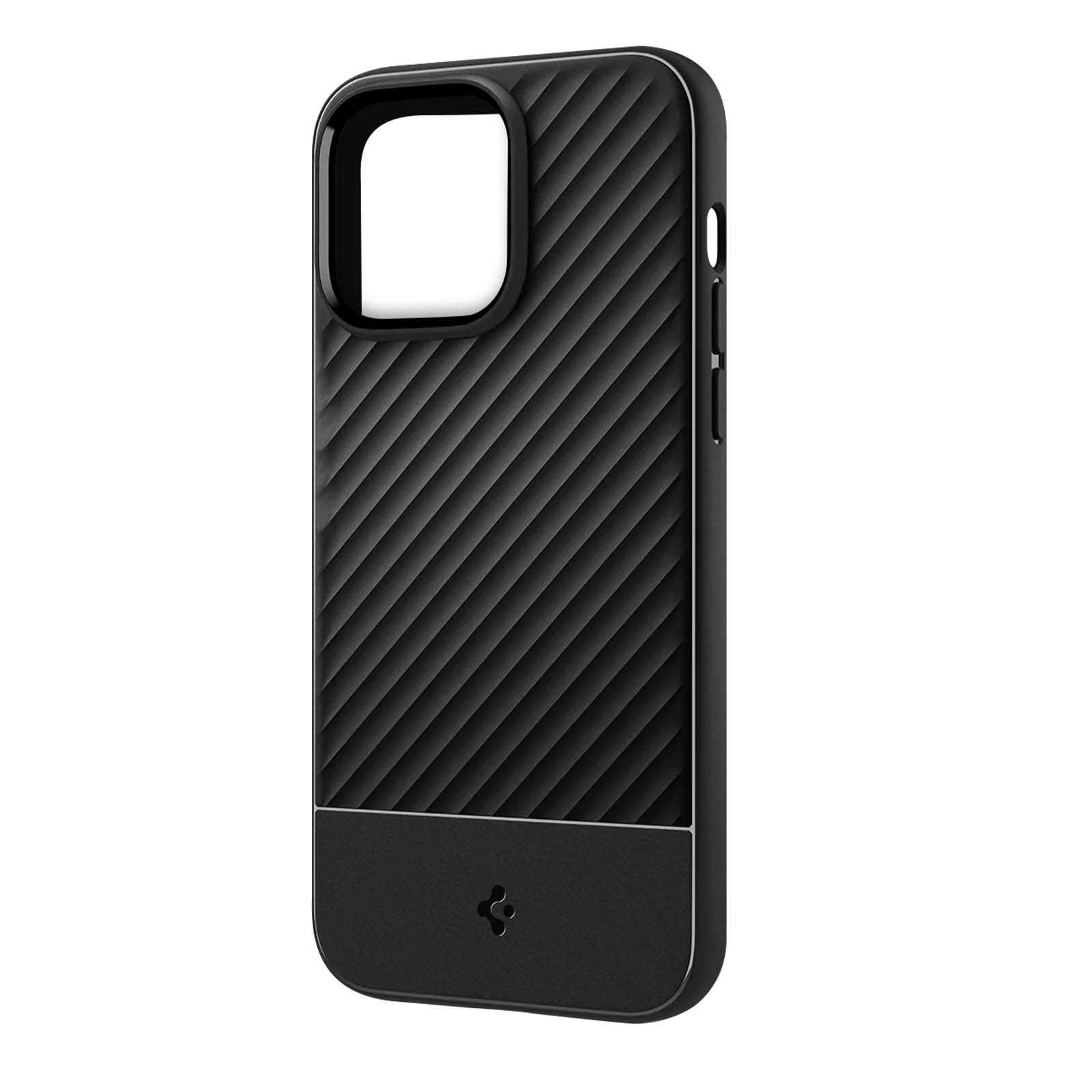 Custodia per telefono nera con linee diagonali strutturate. Logo Spigen visibile.