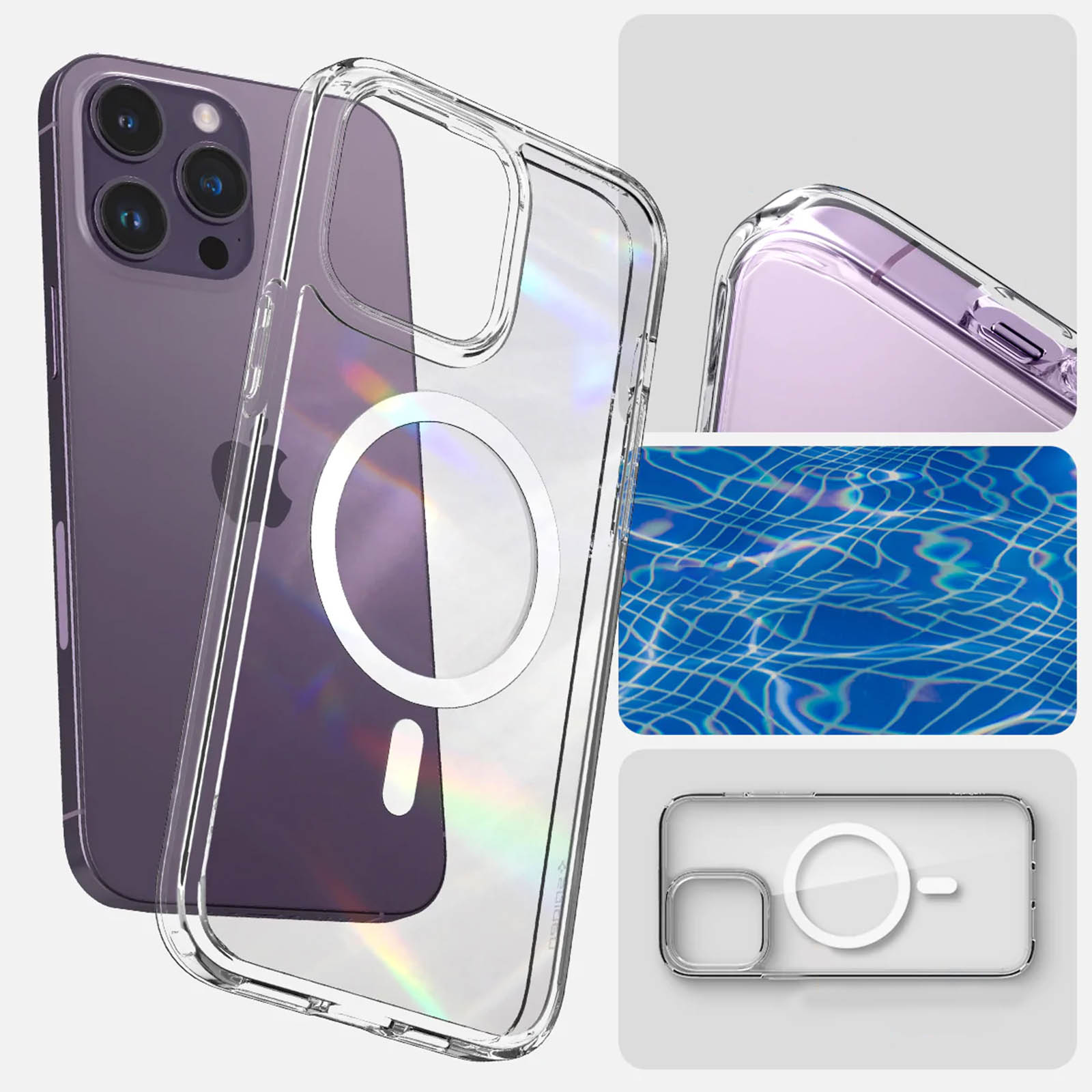 Transparante telefoonhoes op paarse telefoon, met water en detailweergave.