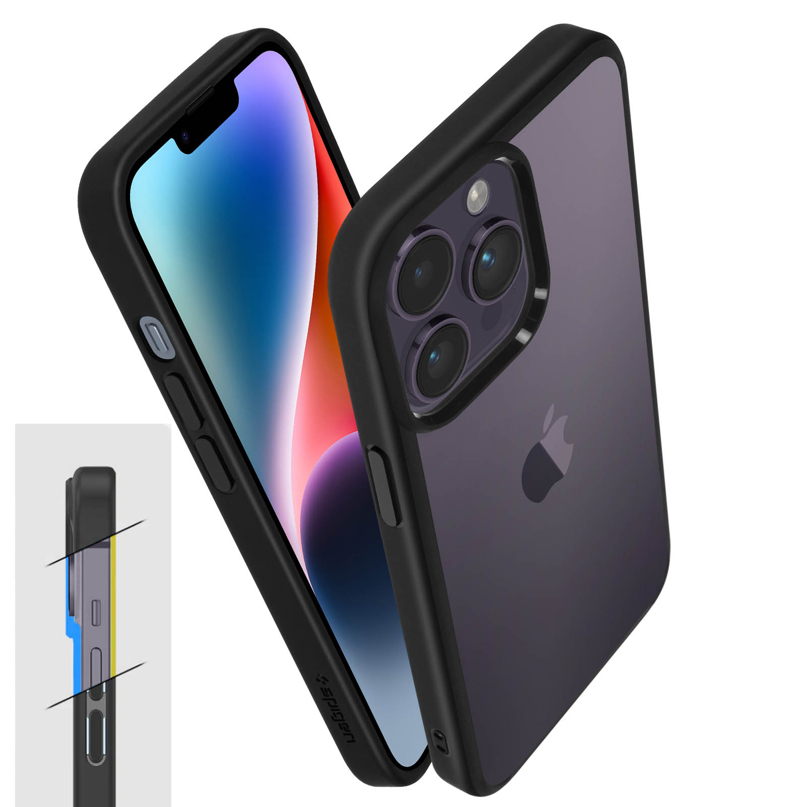 Zwei schwarze iPhone-Hüllen. Eine Hülle ist offen und zeigt das Telefon. Der Hintergrund ist weiß.