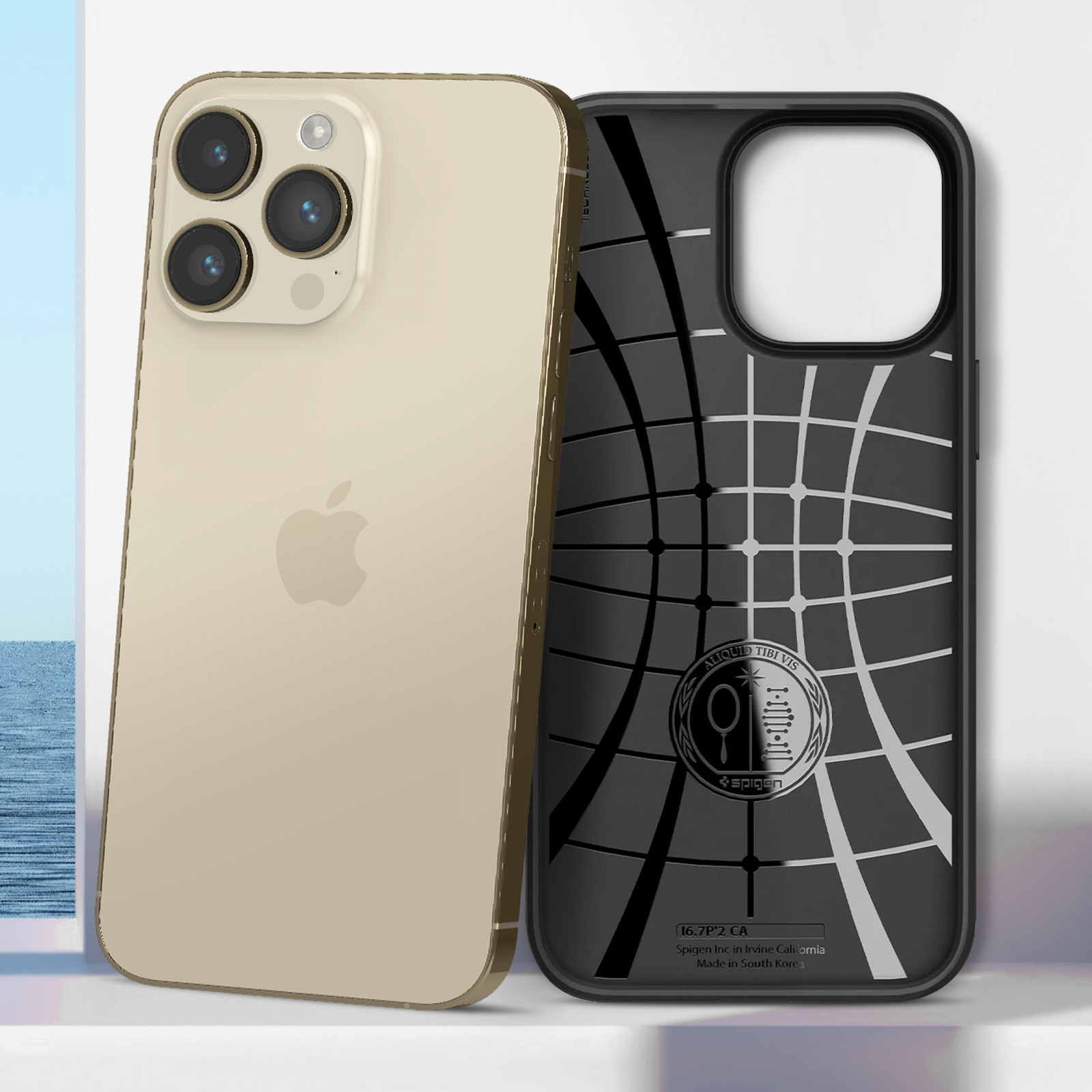iPhone oro con una custodia protettiva. La custodia è nera con un motivo a griglia.