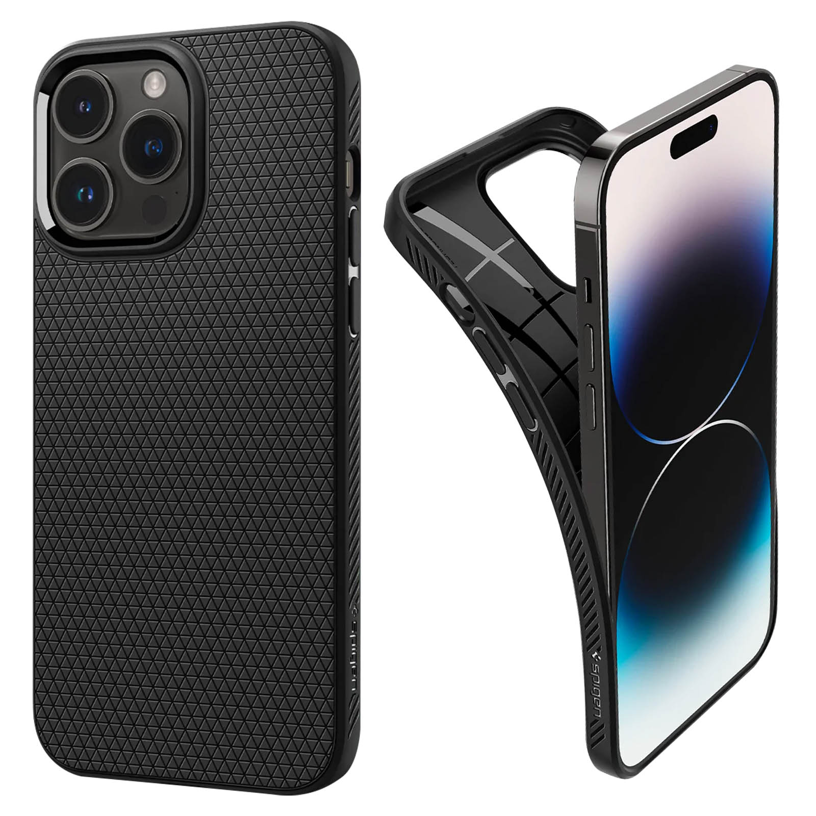 Schwarze Handyhülle, strukturierte Rückseite, bedeckt ein schwarzes iPhone mit Dreifachkamera. Gehäuse ist offen.