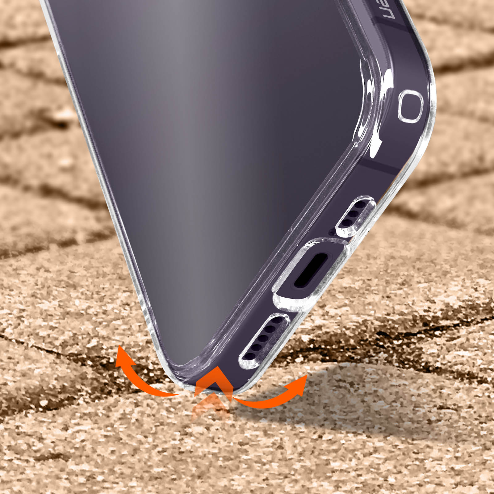 Przezroczyste etui na telefon, pomarańczowe strzałki uderzeniowe, na piasku.