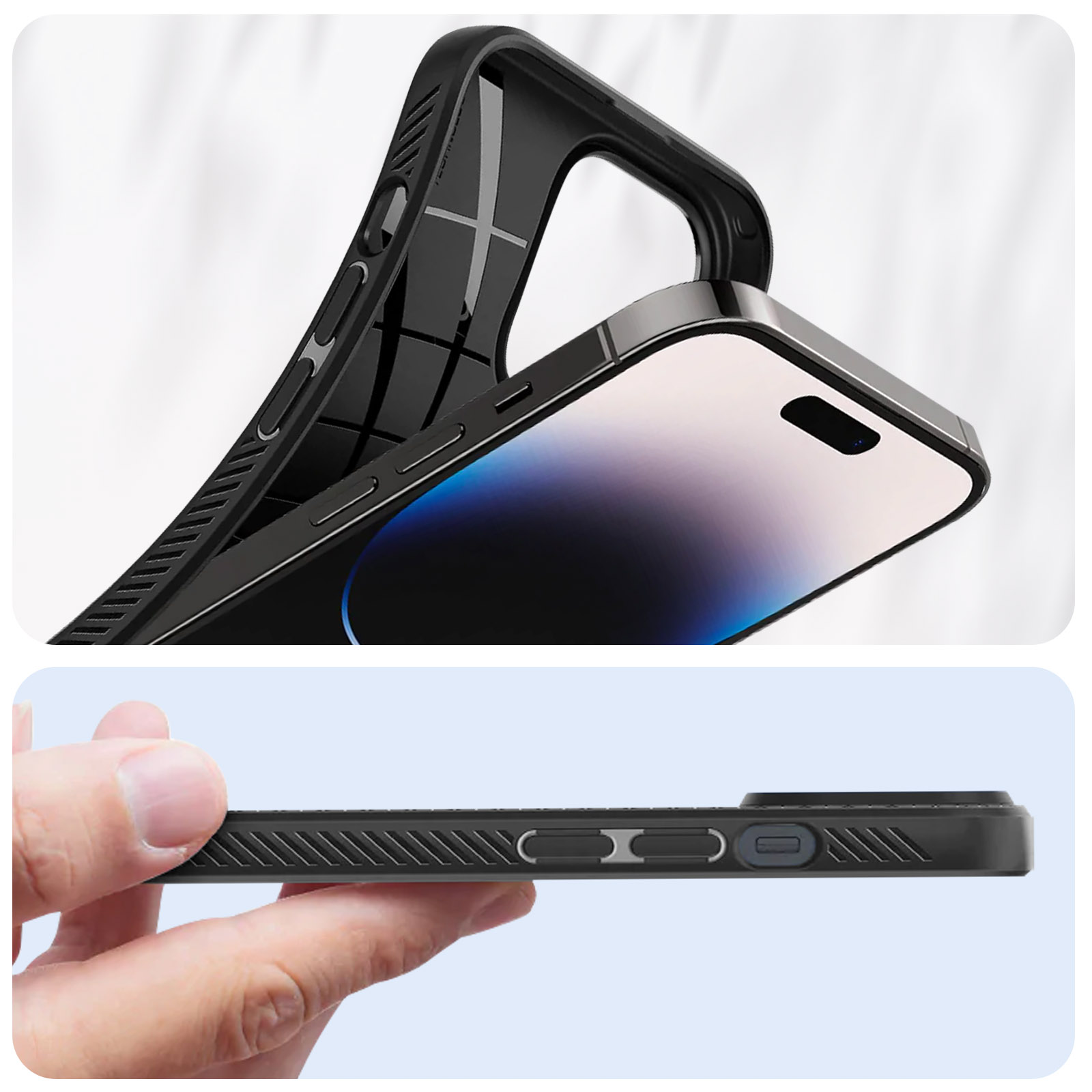 Eine Handyhülle mit einem Telefon darin. Draufsicht und Seitenansicht werden gezeigt, schwarz und transparent.