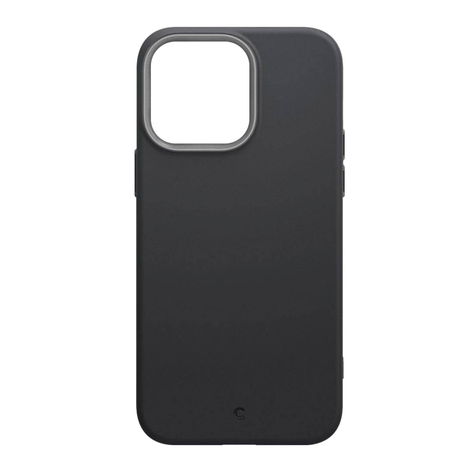 Custodia per telefono nera con ritaglio per fotocamera e logo 'C' discreto su sfondo bianco.