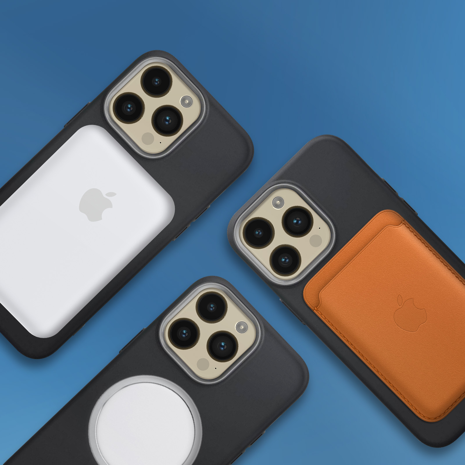 Tre custodie nere per iPhone con portafogli magnetici e caricabatterie wireless su una superficie blu.