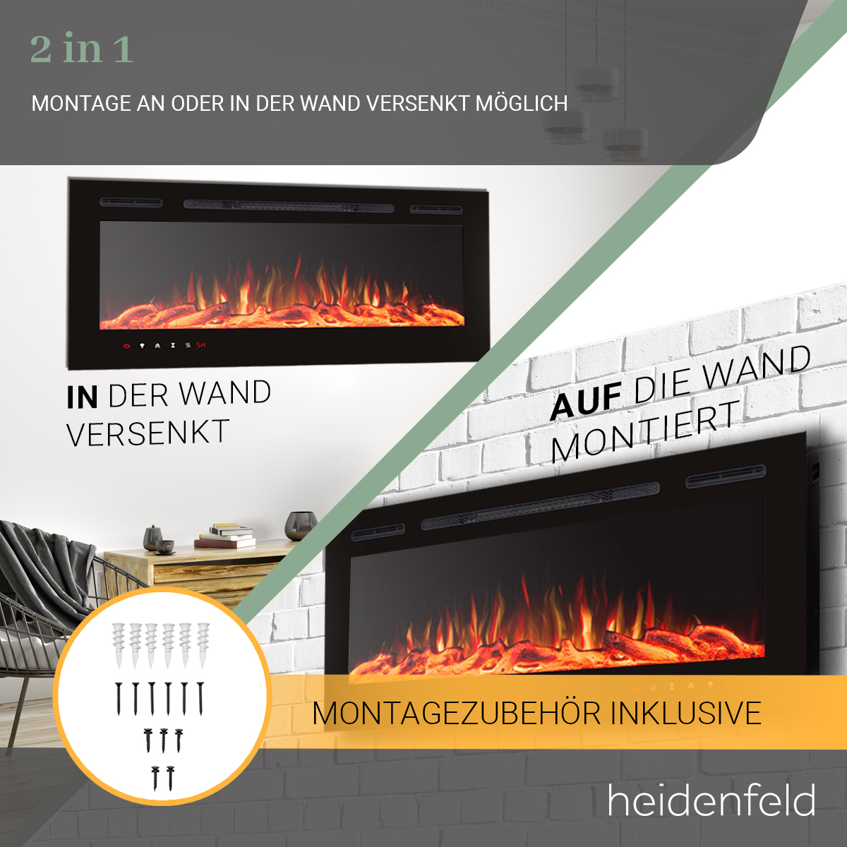 HEIDENFELD Wandkamin HF-WK200 36 Zoll Watt) Elektrokamin (1500