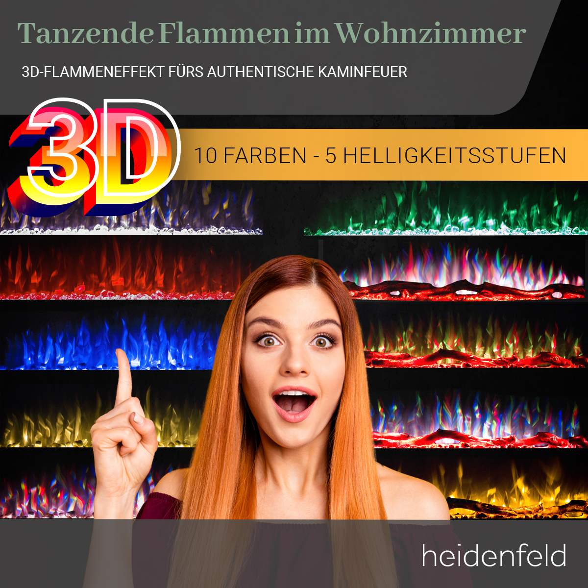 HEIDENFELD Watt) Elektrokamin (1500 Zoll HF-WK200 Wandkamin 36