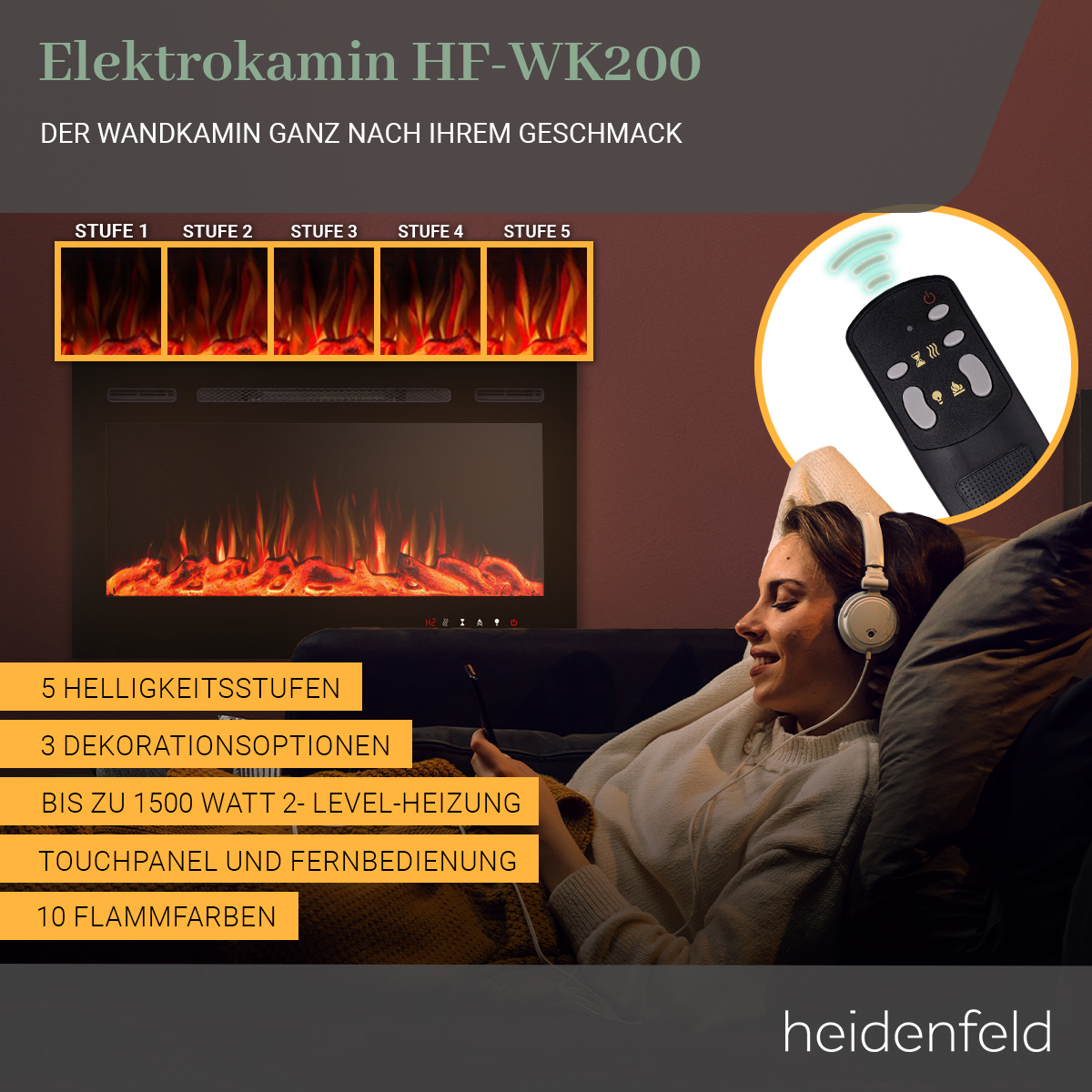 HF-WK200 Elektrokamin HEIDENFELD Watt) (1500 50 Zoll Wandkamin