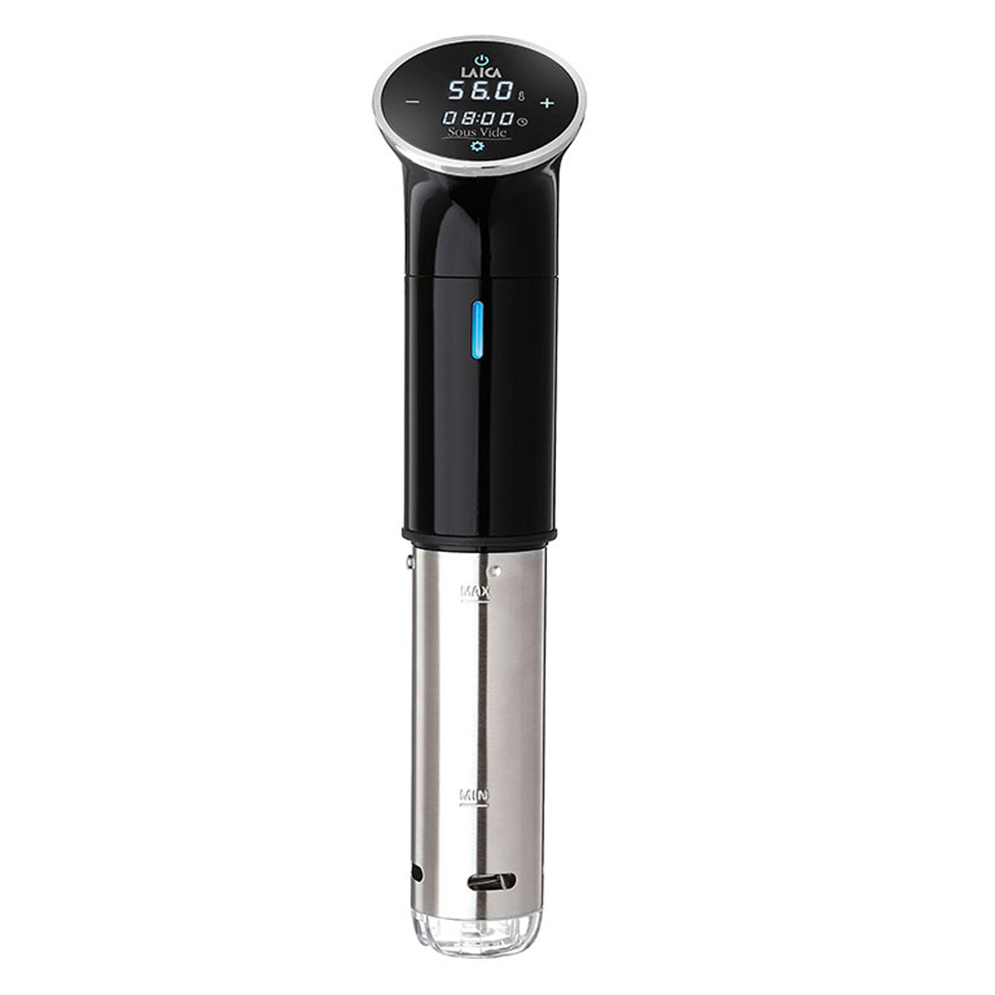 Circulador de inmersión negro y plateado con pantalla digital. Se muestra LAICA y Sous Vide.