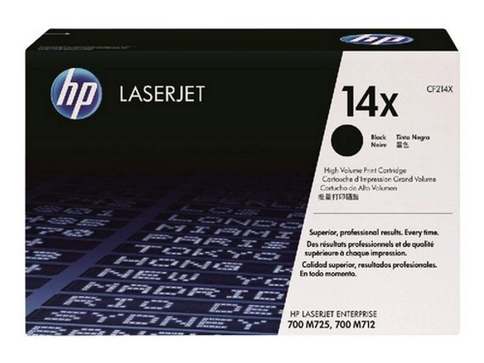 Wkład z tonerem HP LaserJet 14x w czarnym pudełku, ze szczegółami i logo.